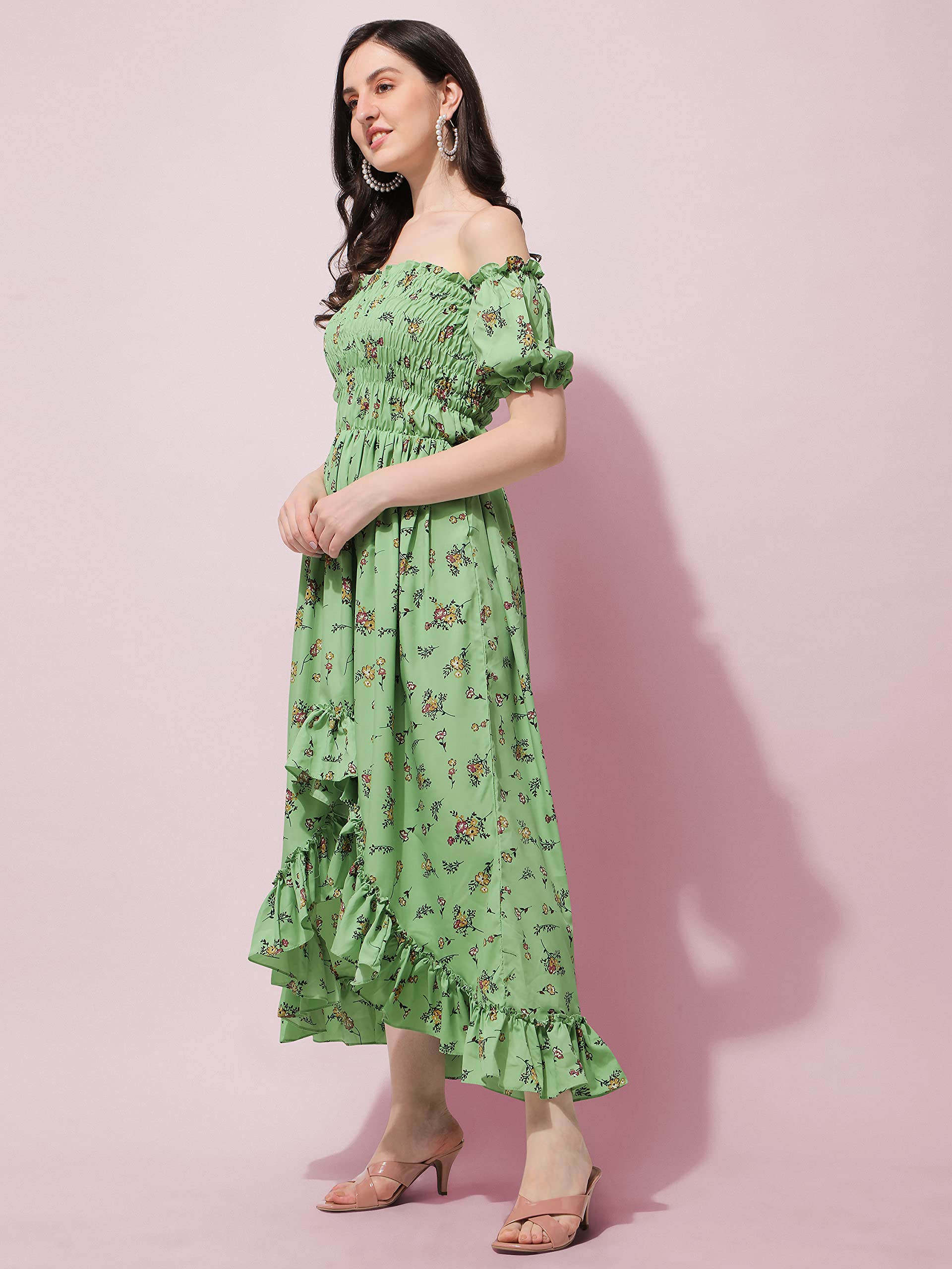 Oomph! Flared Dress For Women Stylish | Long One Piece For Women | Off Shoulder Puff Sleeve Long Dress | Floral Print Maxi One P