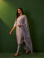 Ziyaa Women Light Grey Chinon Straight Kurta With Pant And Dupatta Set