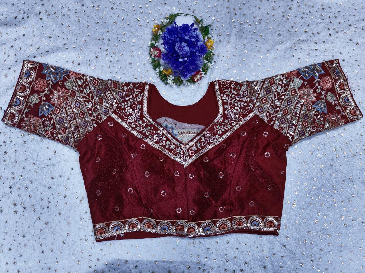 Pujia Mills WomenS Ethnic Wear Golden Codding With Multi Embroidery Sequence Work Sweetheart Neck Half Sleeve Readymade Bridal