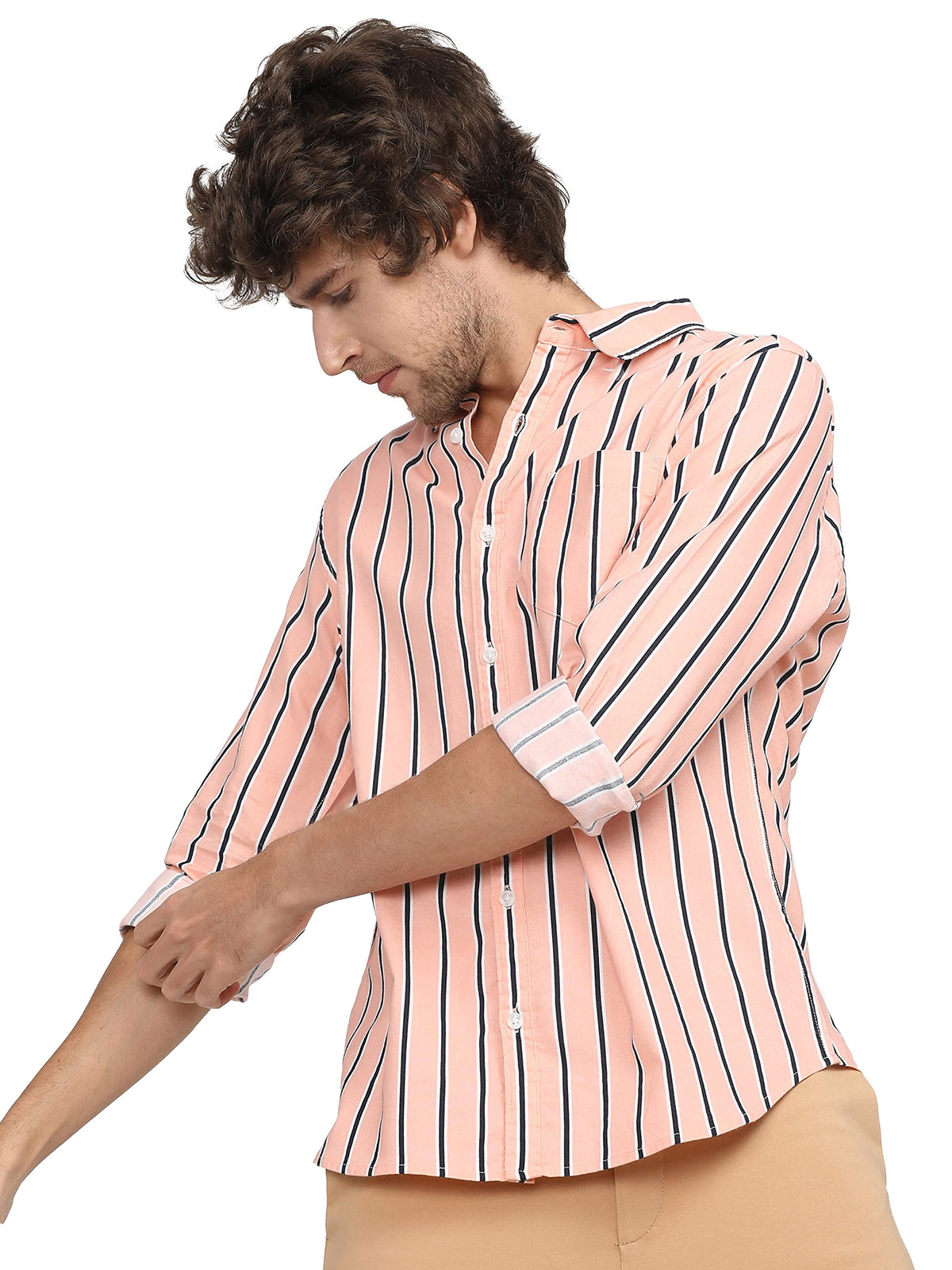 Ketch MenS Cotton Striped Slim Fit Shirt (Khsh000432_Dusty Pink S)