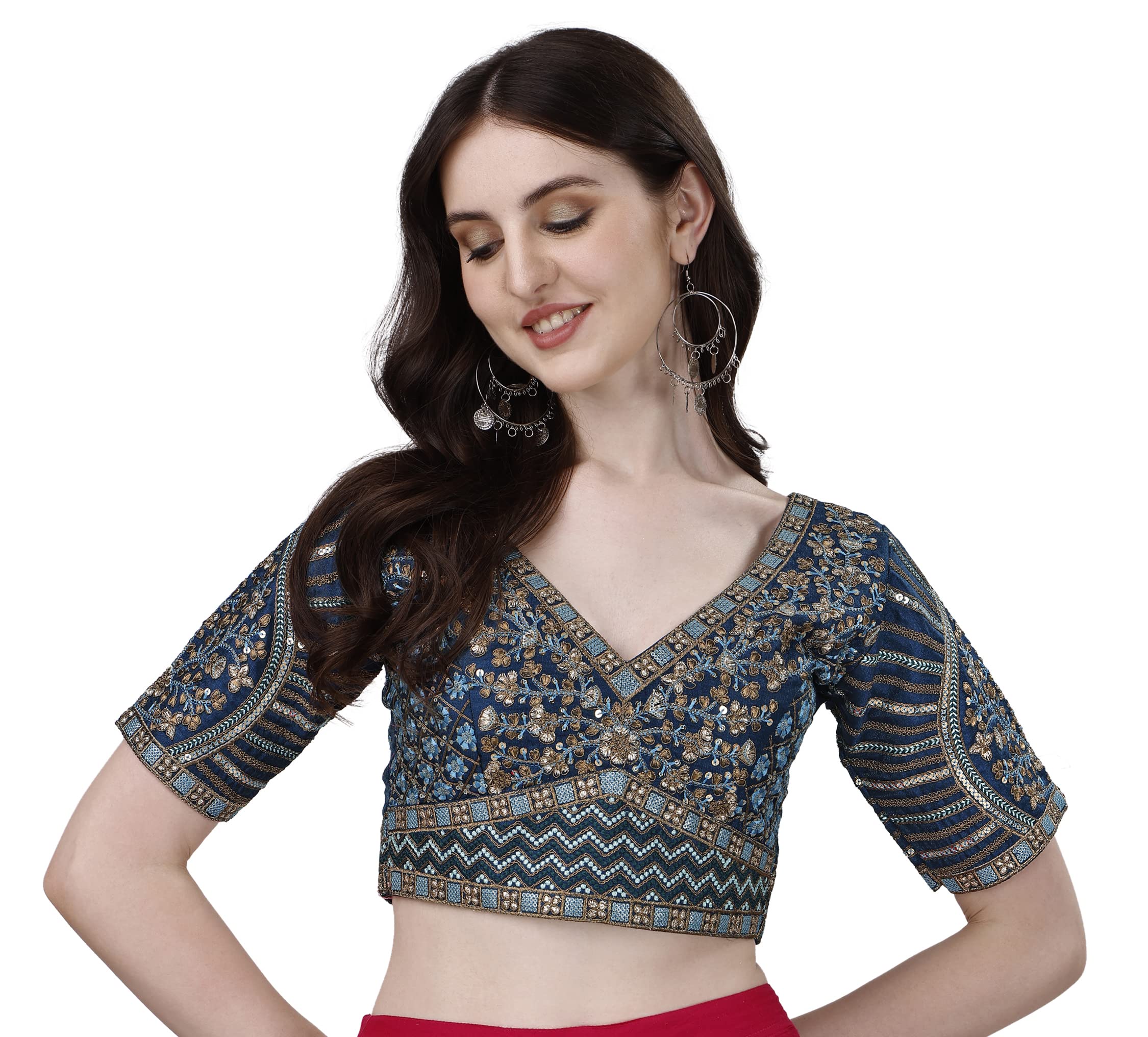 Pujia Mills Mills WomenS Fancy Readymade Heavy Coding Embroidary Worked Half Sleeve Multicolor Saree Blouse(Mushroom) (Morpeach