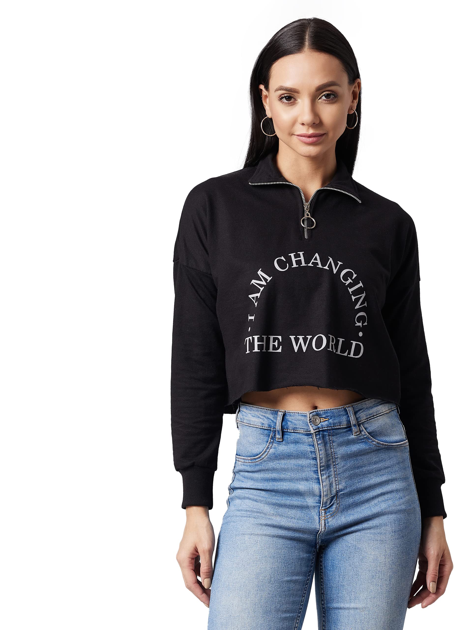 Dolce Crudo Womens Black Round Neck Full Sleeve Solid Boxy Crop Sweatshirt (DOAW21SWT02-11-62-05,Black,L)