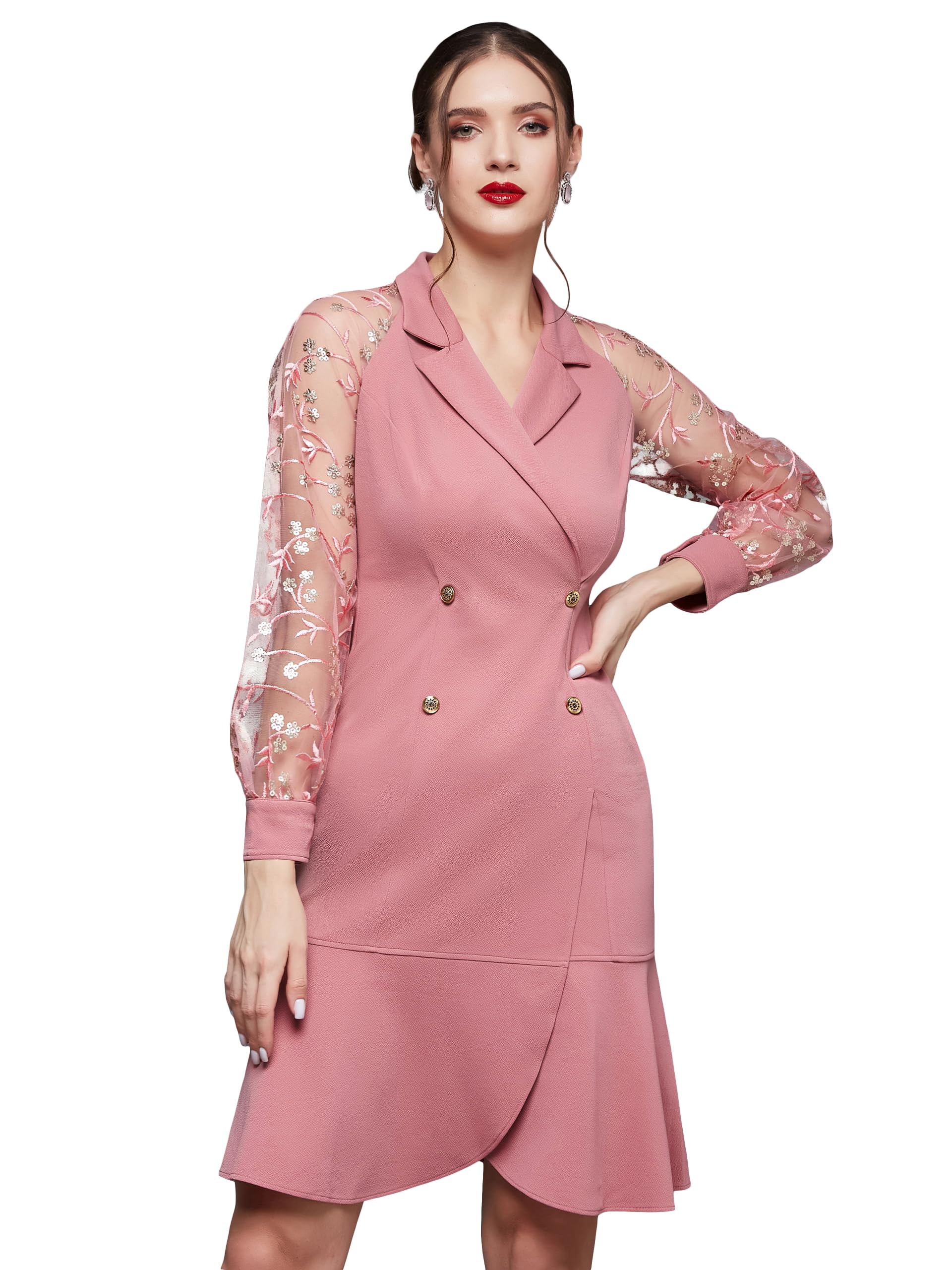 Miss Chase WomenS Solid Embroidered Double Breasted Knee Length Dress(Mcss23D98-36-234-06, Pink, Xl)