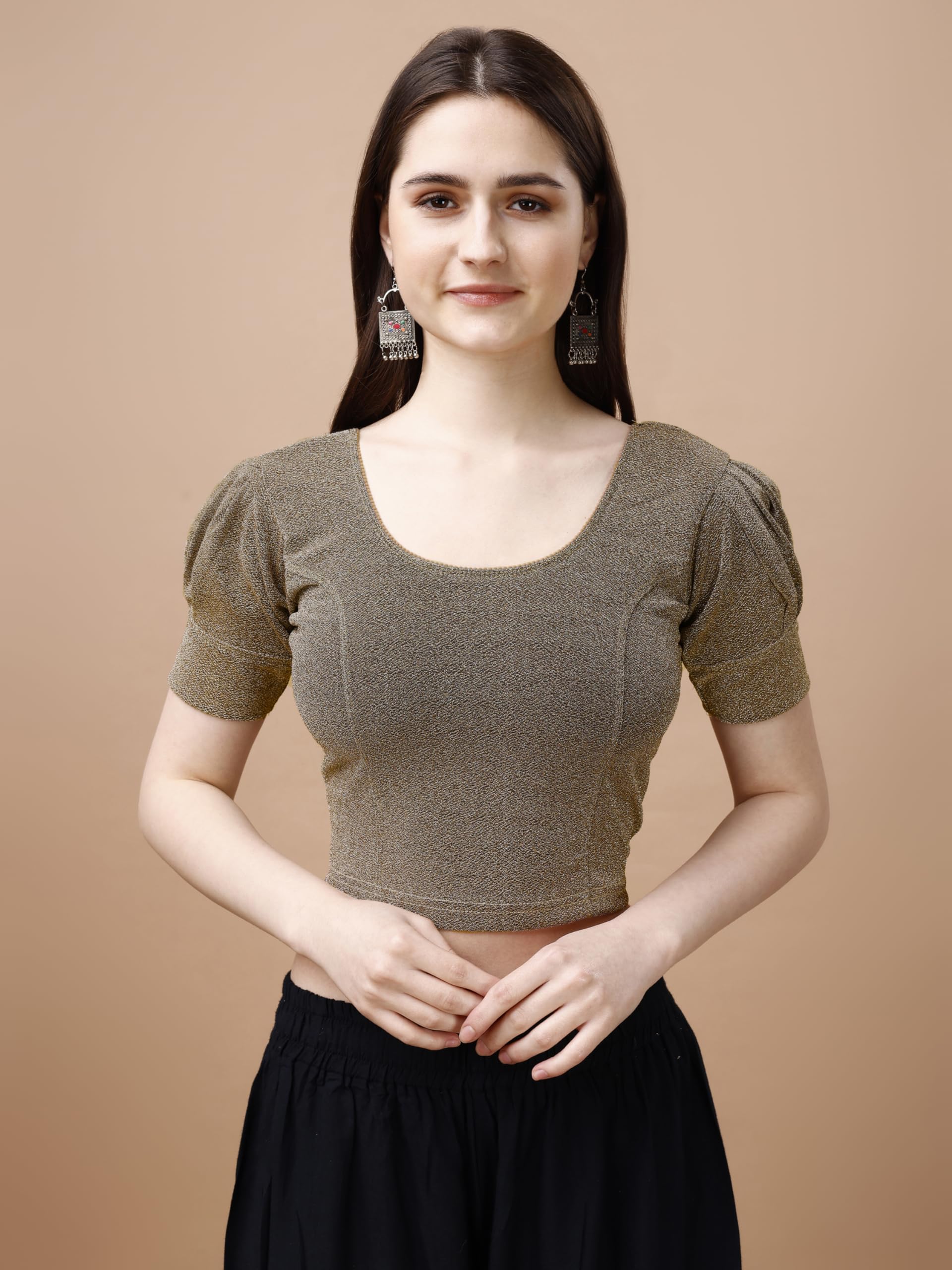 Pujia Mills WomenS Readymade Shining Lycra Stretchable Round Neck Half Puff Sleeve Blouses Lycra Stretchable Off Gold Color Blo