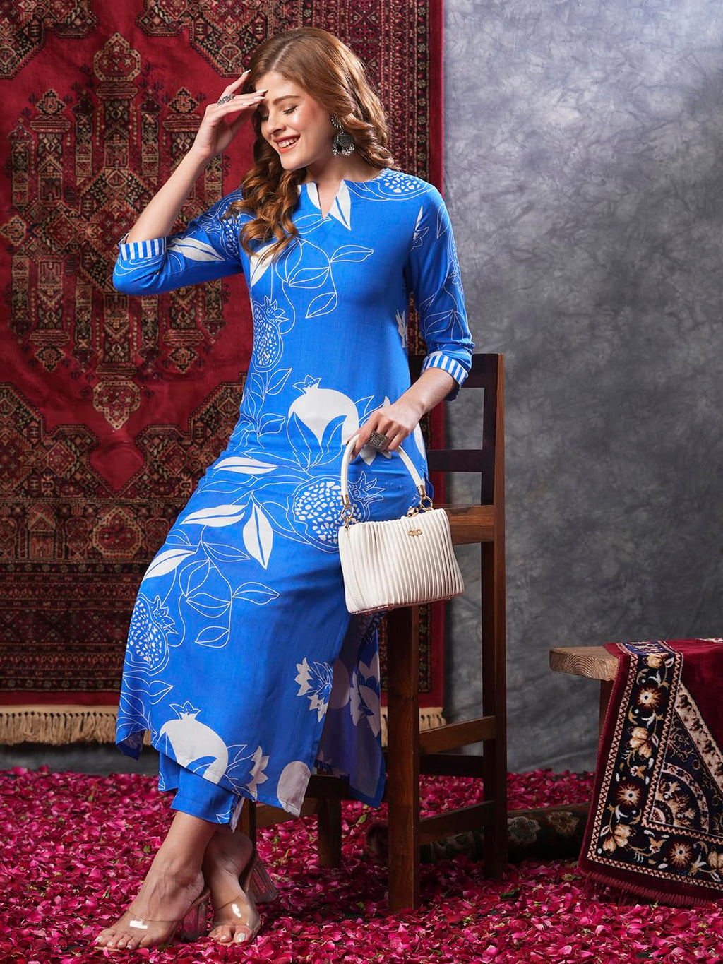 ANNI DESIGNER Women s Rayon Blend Kurta with Pants, Blue, Small