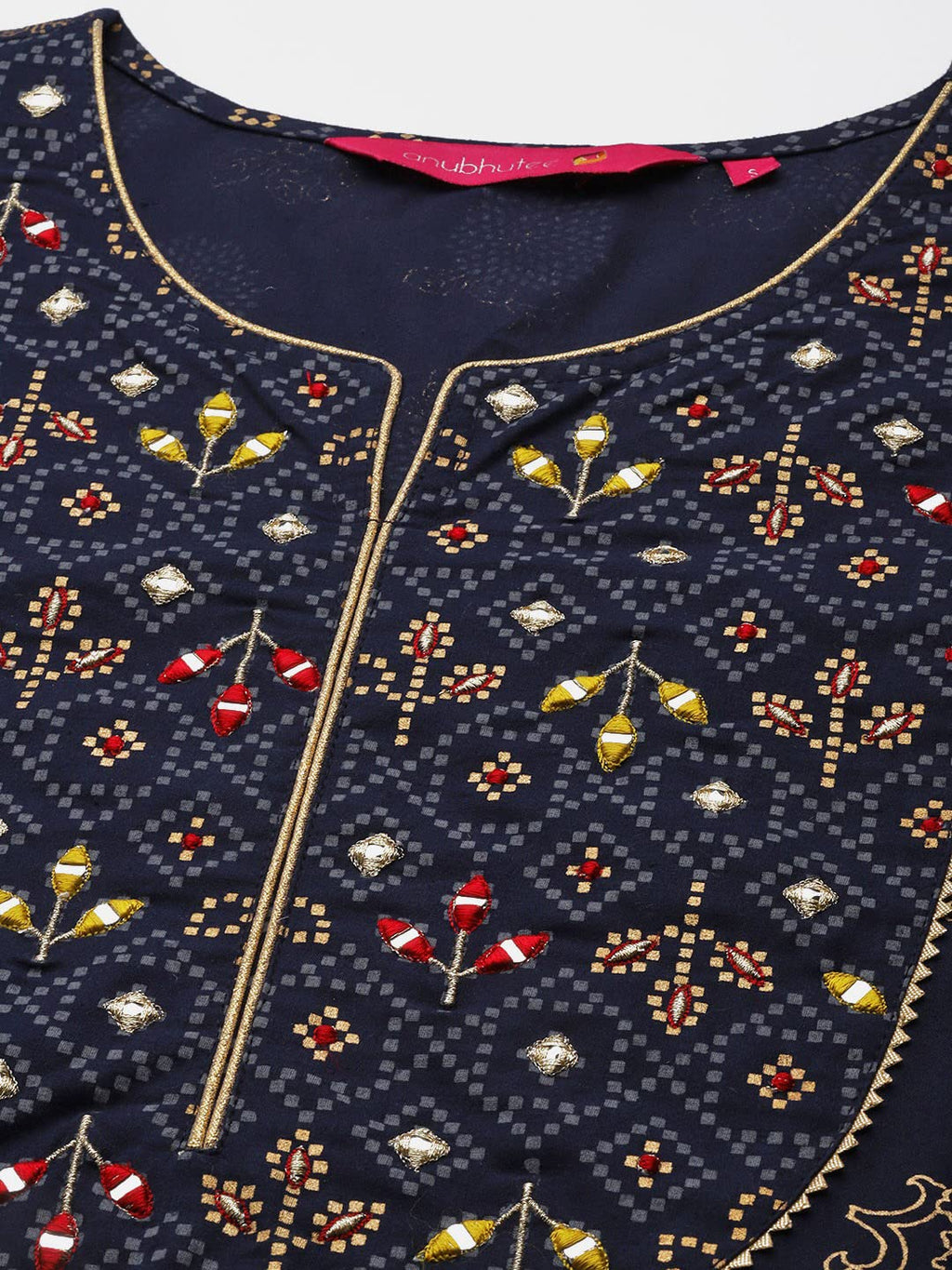 Anubhutee Women'S Cotton Navy Blue Ethnic Motifs Printed Straight Kurta Suit Set With Pants