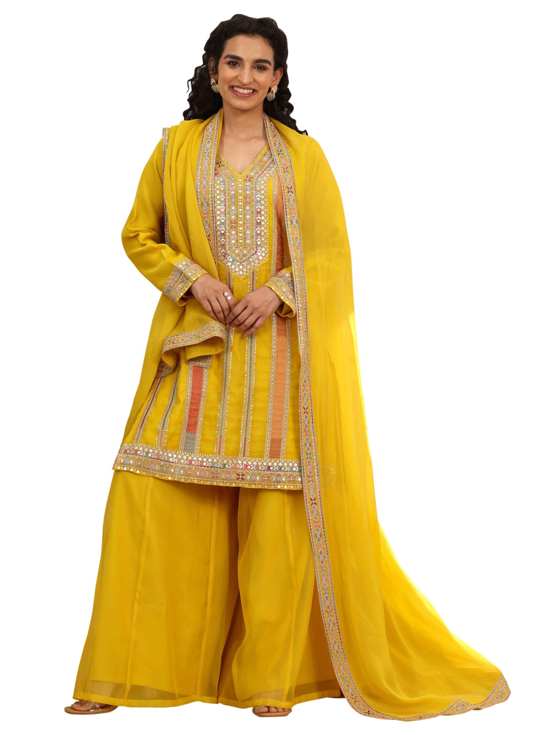 Libas Art Womens Embellished Organza Straight Kurta With Palazzos and Dupatta