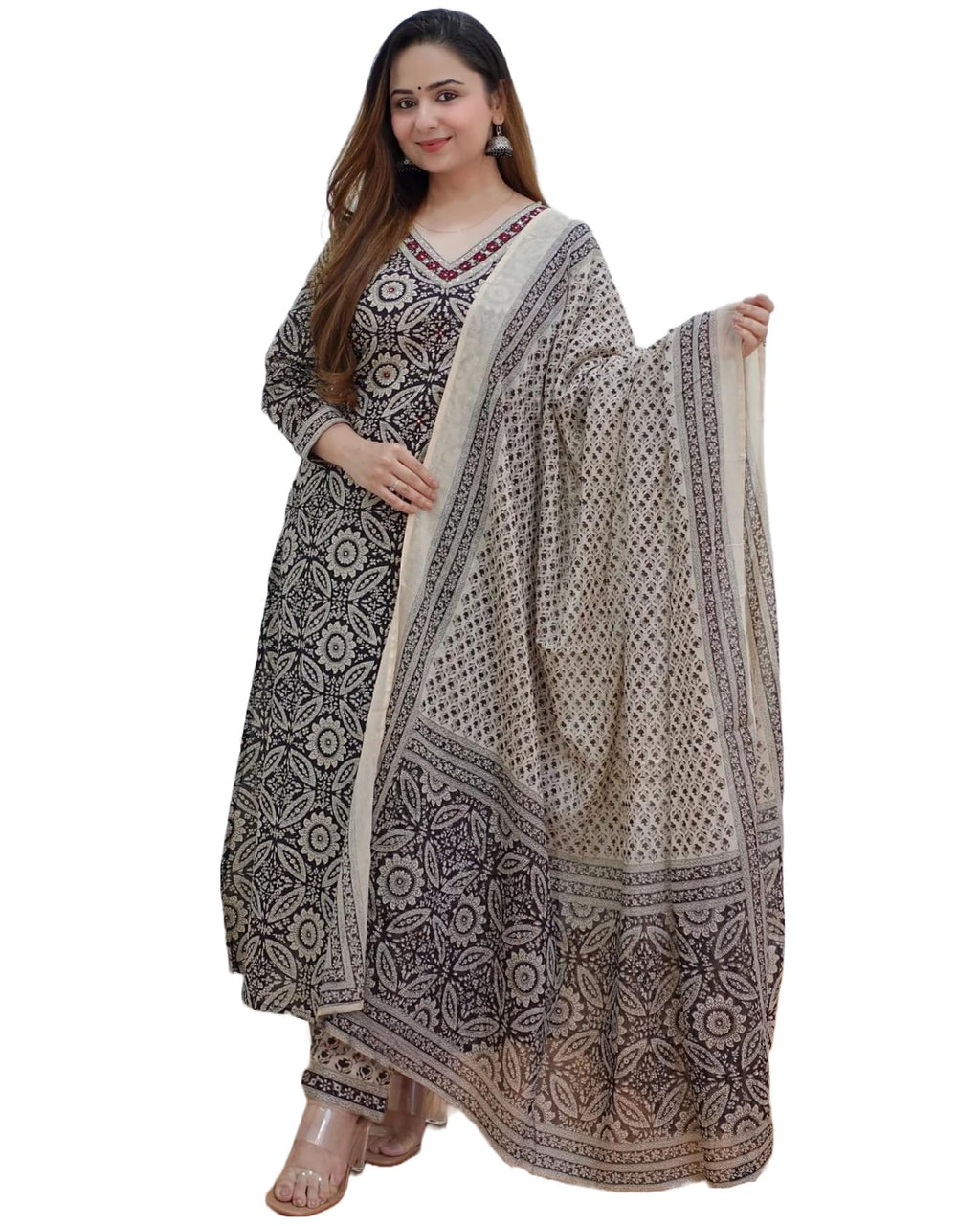 ANNI DESIGNER Womens Cotton Blend Block Printed Straight Kurta with Pant & Dupatta (Nihira Cream_S_Black_Small)