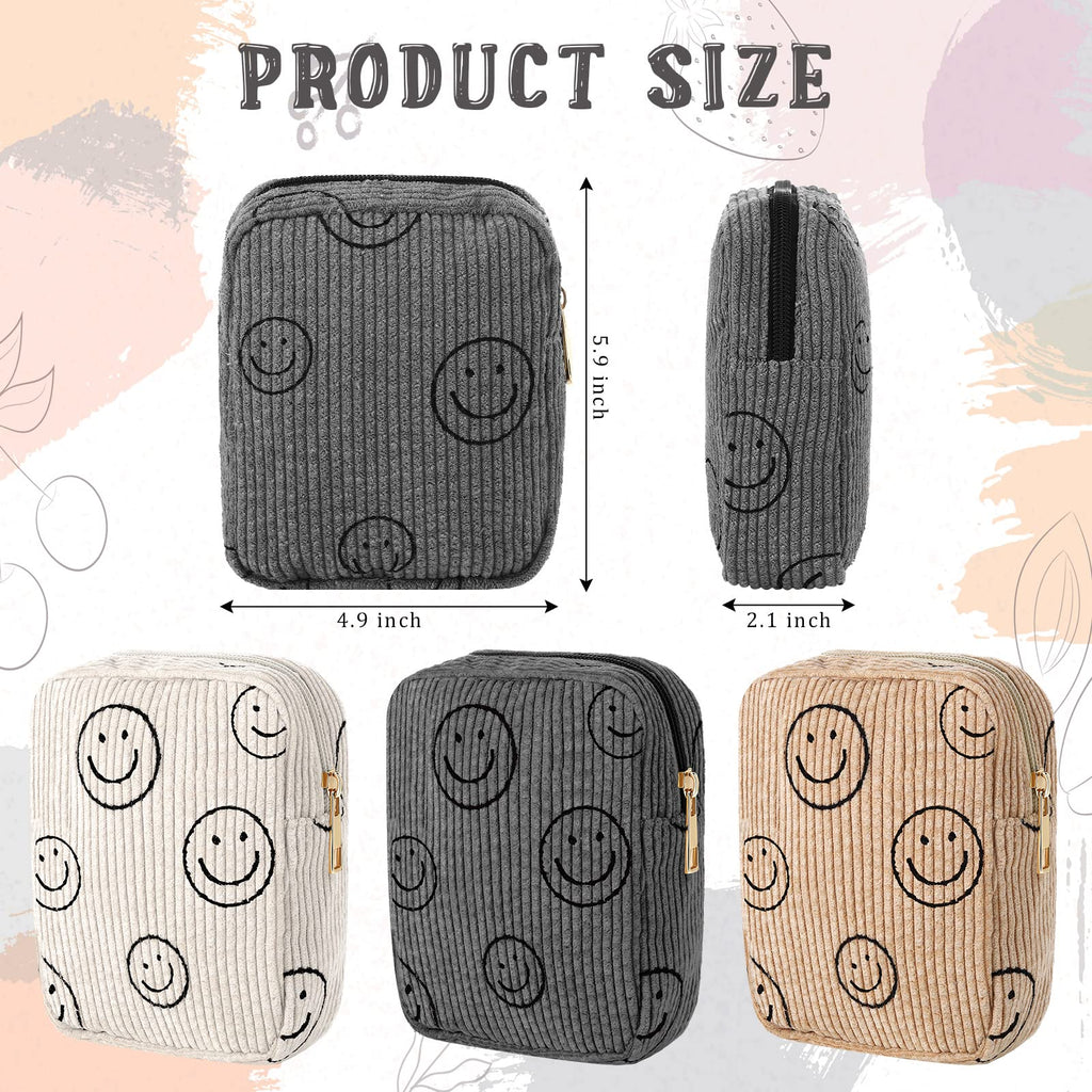 3 Pcs Corduroy Cosmetic Bag Smile Face Aesthetic Preppy Makeup Bag Corduroy Toiletry Aesthetic Pouch Travel Smile Bags for Women