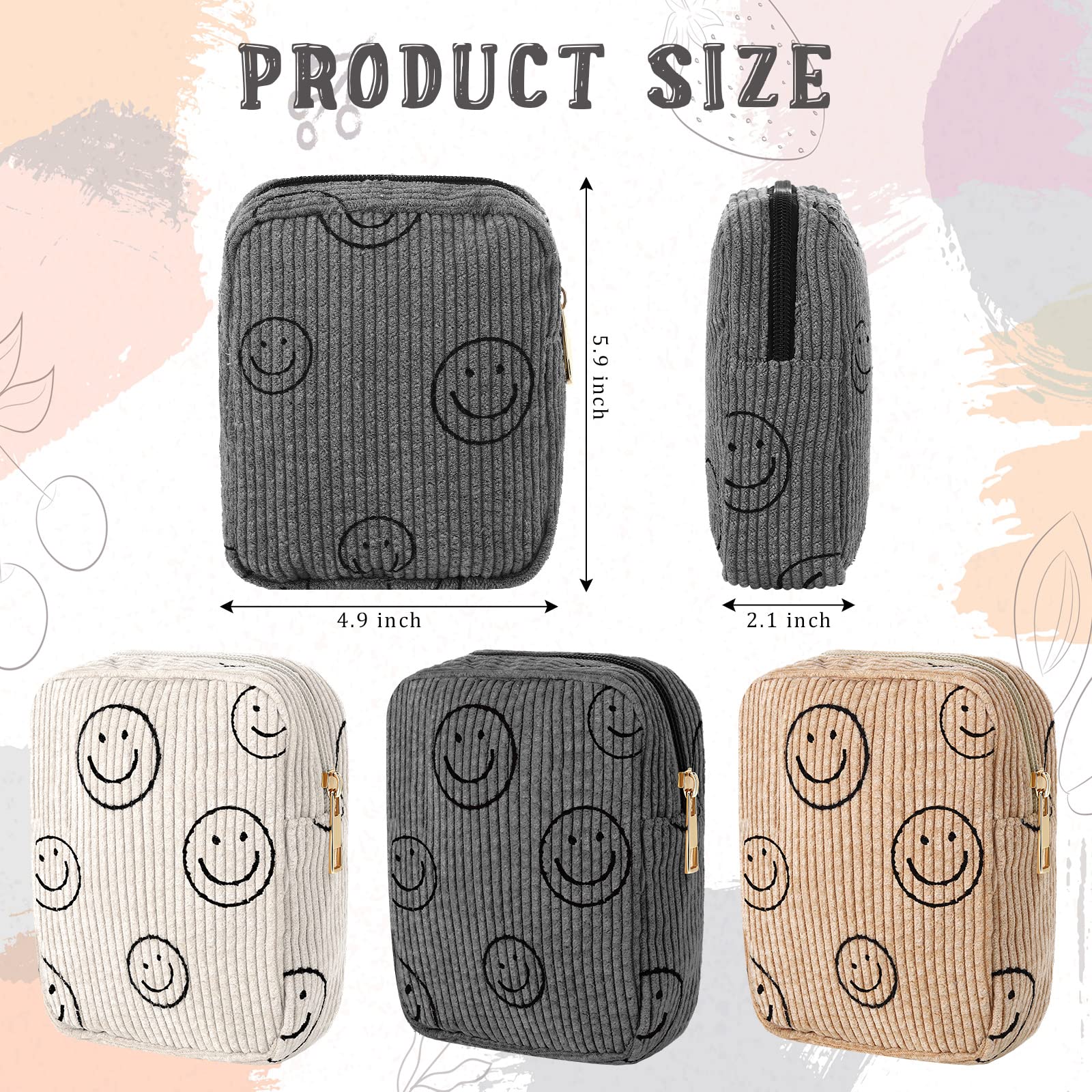 3 Pcs Corduroy Cosmetic Bag Smile Face Aesthetic Preppy Makeup Bag Corduroy Toiletry Aesthetic Pouch Travel Smile Bags for Women