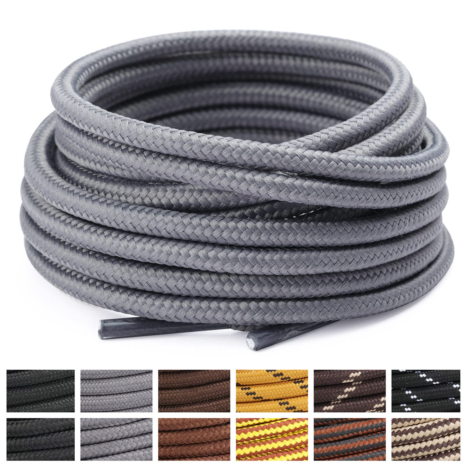 Stepace Round Shoelaces [2 Pairs] Heavy Duty Boot Shoe Laces for Hiking Work Boots Gray-120 (Low density)