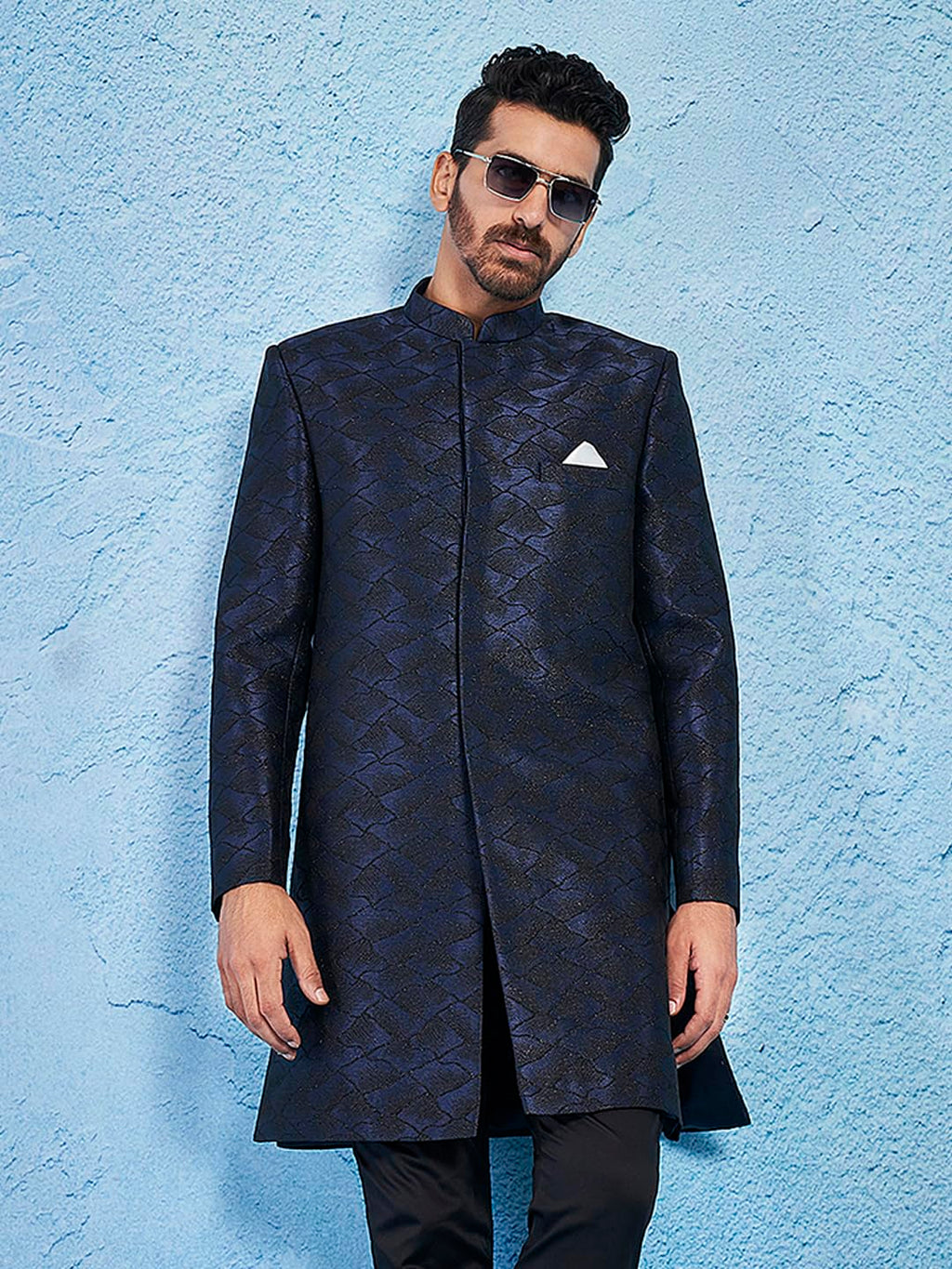VASTRAMAY Mens Navy Blue Silk Blend Sherwani Only Top - Silk Blend Jacquard Indo Western
