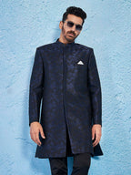VASTRAMAY Mens Navy Blue Silk Blend Sherwani Only Top - Silk Blend Jacquard Indo Western