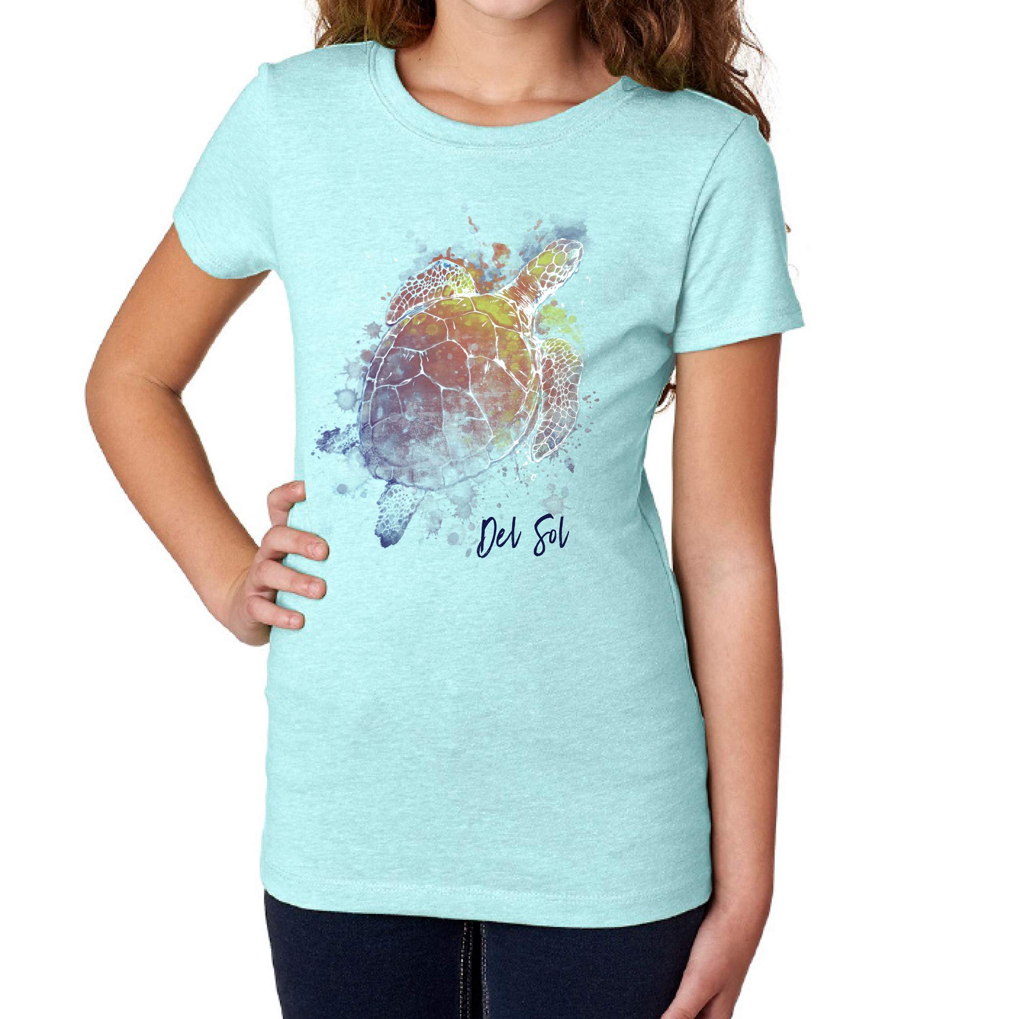Del Sol Color Changing Youth Premium Girls Crew Tee - Turtle Splash, Ice Blue, Size YXS-Like New Condition