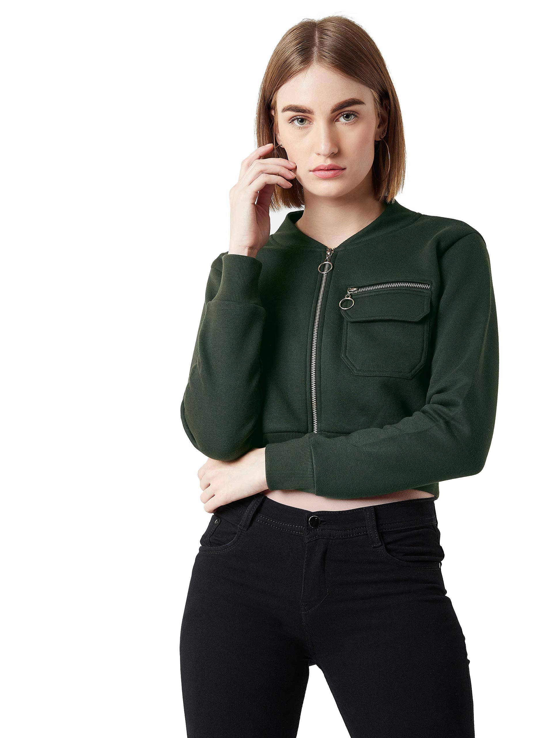 Miss Chase WomenS Polyester Bomber Cropped Jacket Crop Outerwear (Mcaw19Jkt03-20-48-03_Green_S)