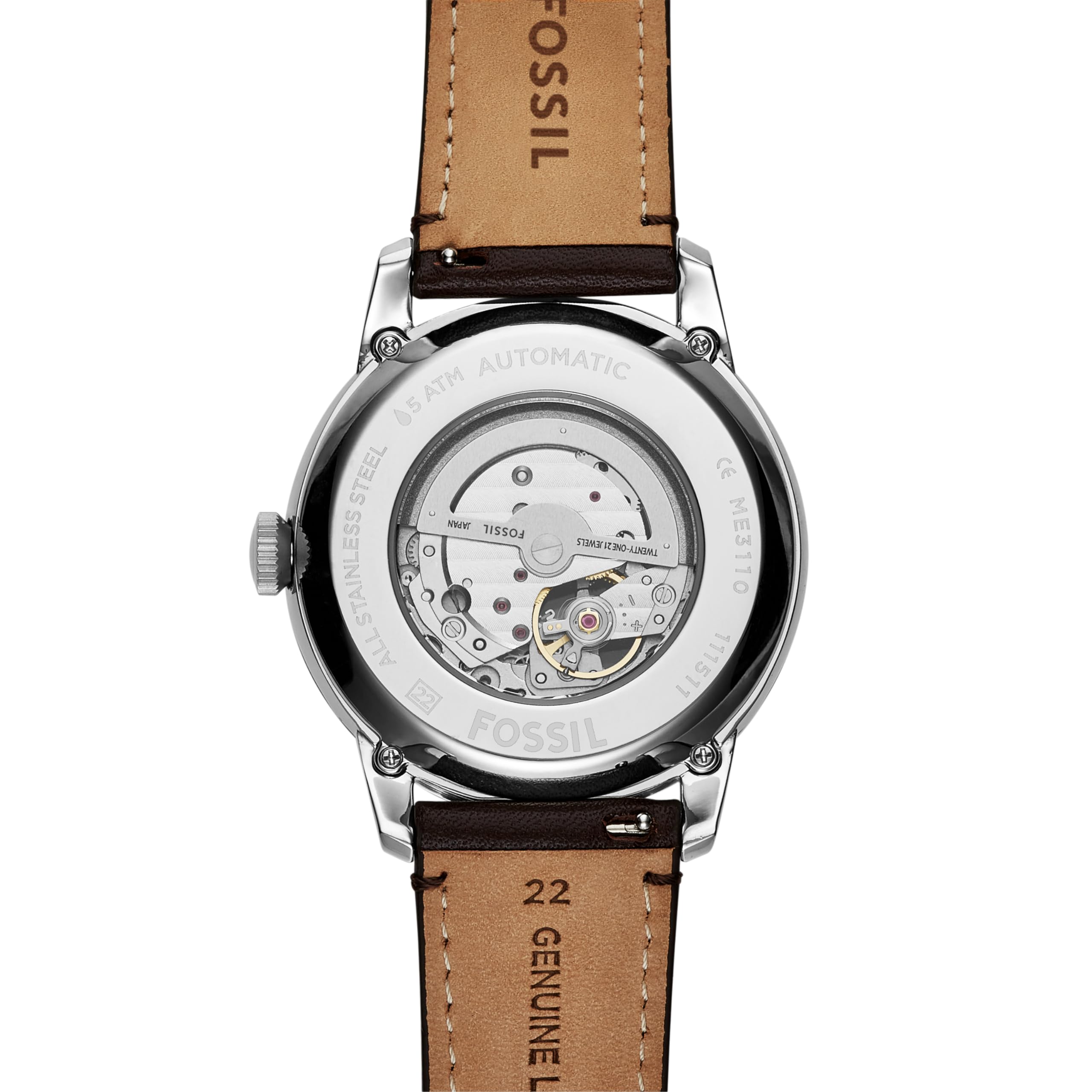 Fossil Men's Townsman Automatic Stainless Steel and Leather Two-Hand Skeleton Watch, Color: Silver, Brown (Model: ME3110)
