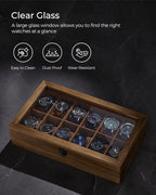 SONGMICS Watch Box, 12-Slot Watch Case, Solid Wood Watch Box Organizer with Glass Lid, Watch Display Case with Removable Pillows