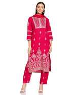 Anubhutee Women'S Rayon Pink Ethnic Motifs Printed Straight Kurta Suit Set With Pants And Dupatta