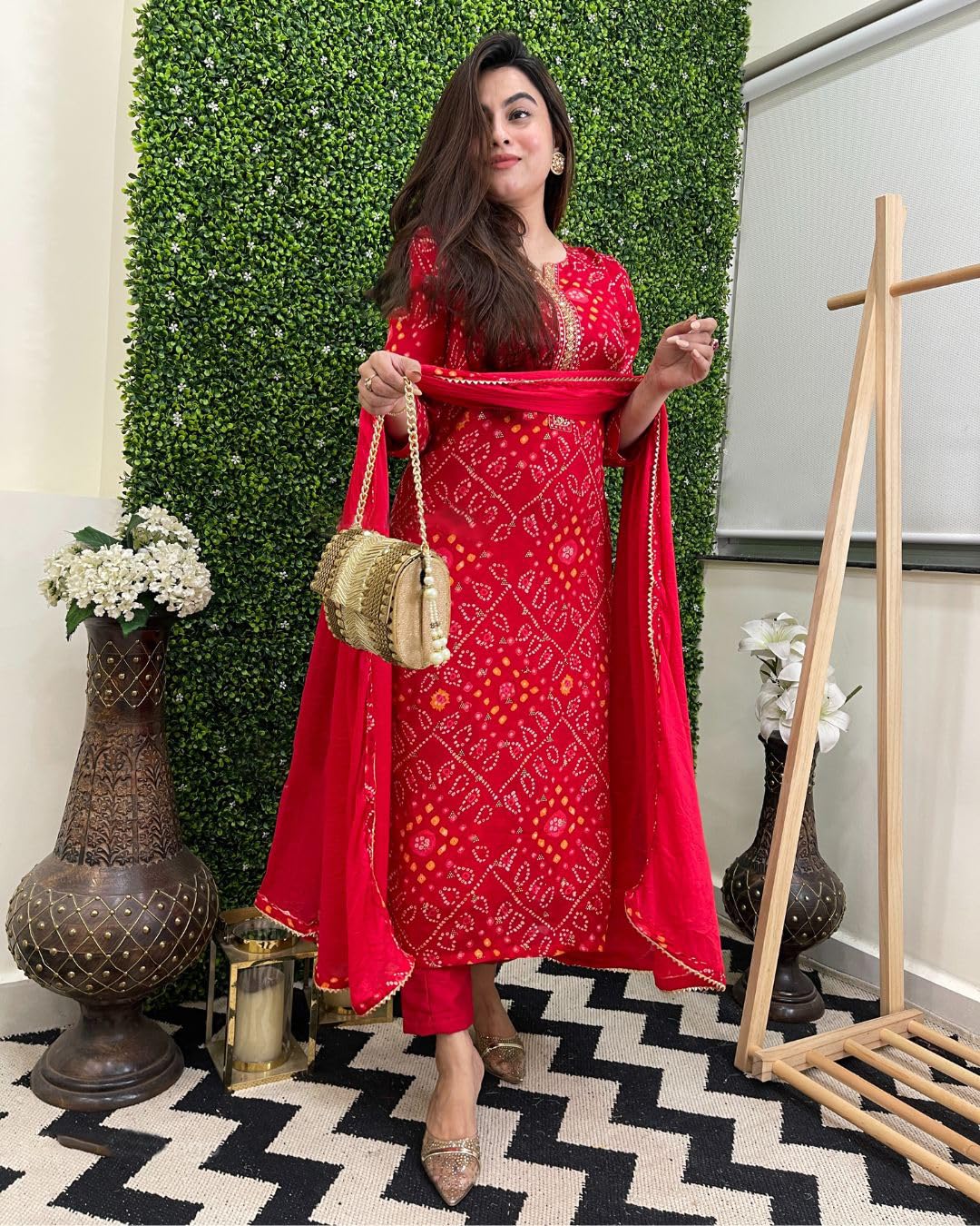 GoSriKi Womens Kurta with Pant & Dupatta Red