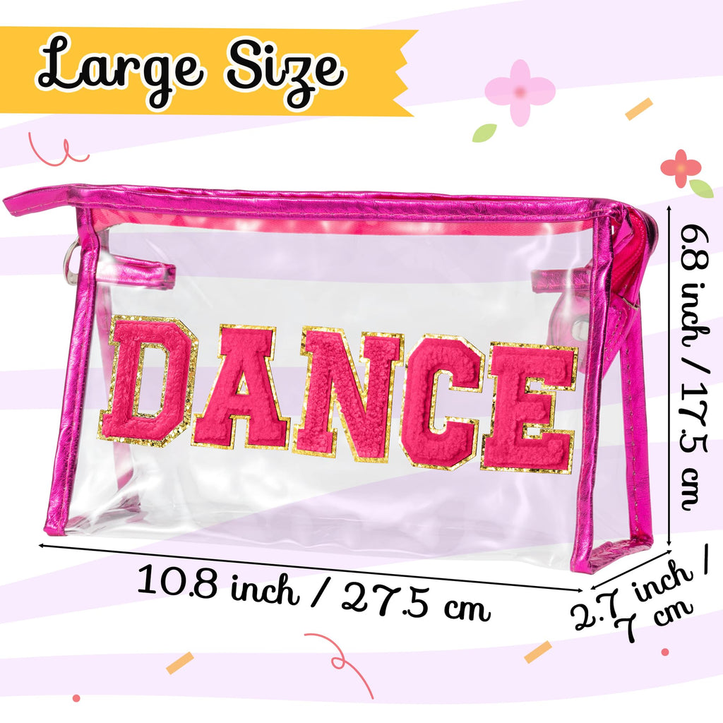 Y1tvei DANCE Clear Makeup Bag - Preppy Hot Pink Dance Chenille Patch Cosmetic Pouch Dancer Recital Survival Kit Extra Large PVC