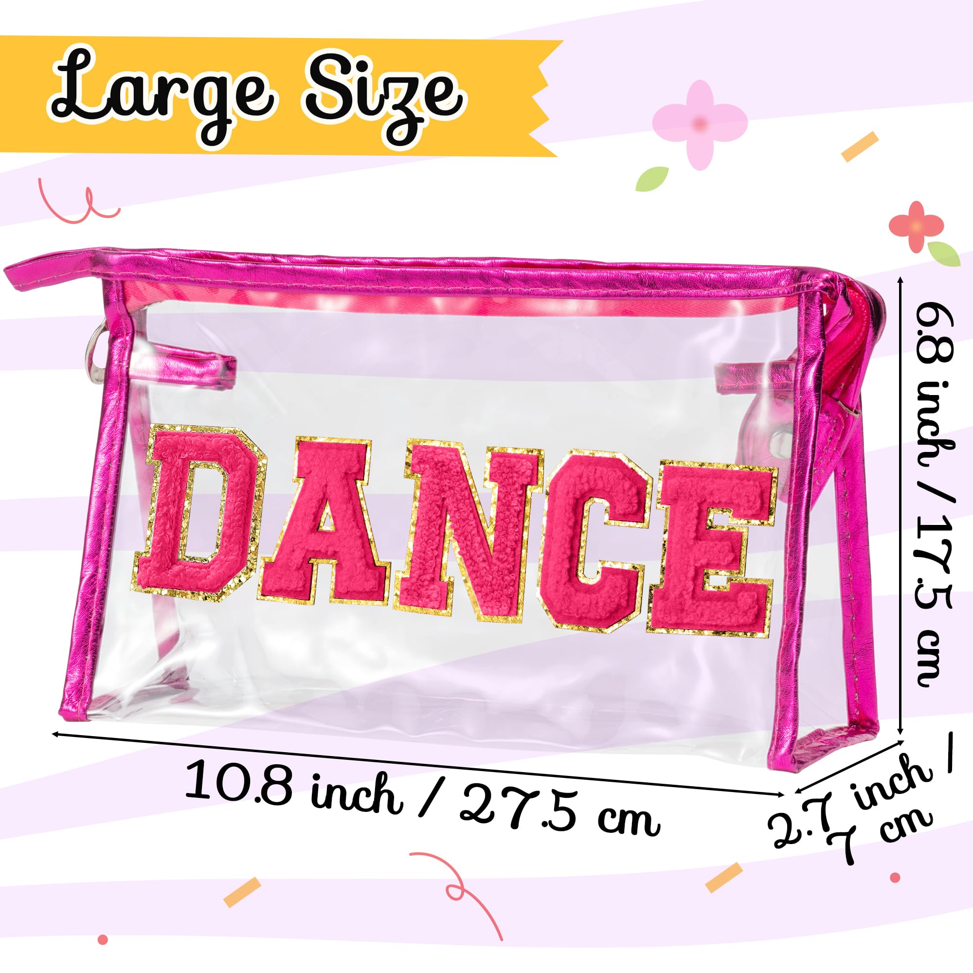 Y1tvei DANCE Clear Makeup Bag - Preppy Hot Pink Dance Chenille Patch Cosmetic Pouch Dancer Recital Survival Kit Extra Large PVC