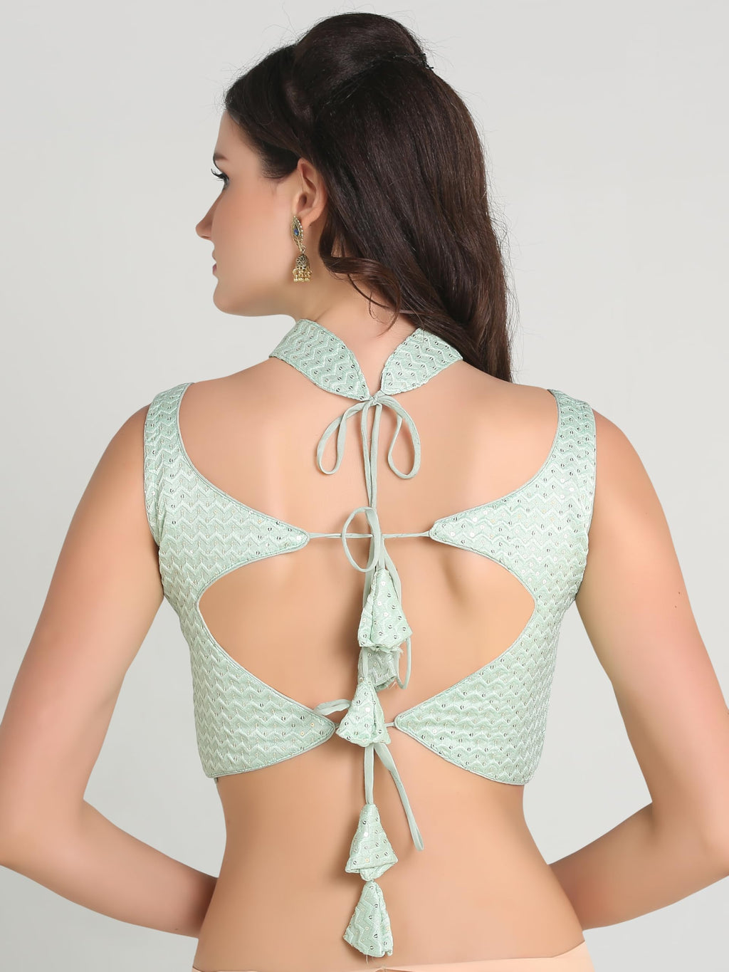 Pujia Mills Womans Readymade Sleeveless Pista Blouse Halter Neck with String Pattern Backless Ethnic wear Pattern Choli Blouse