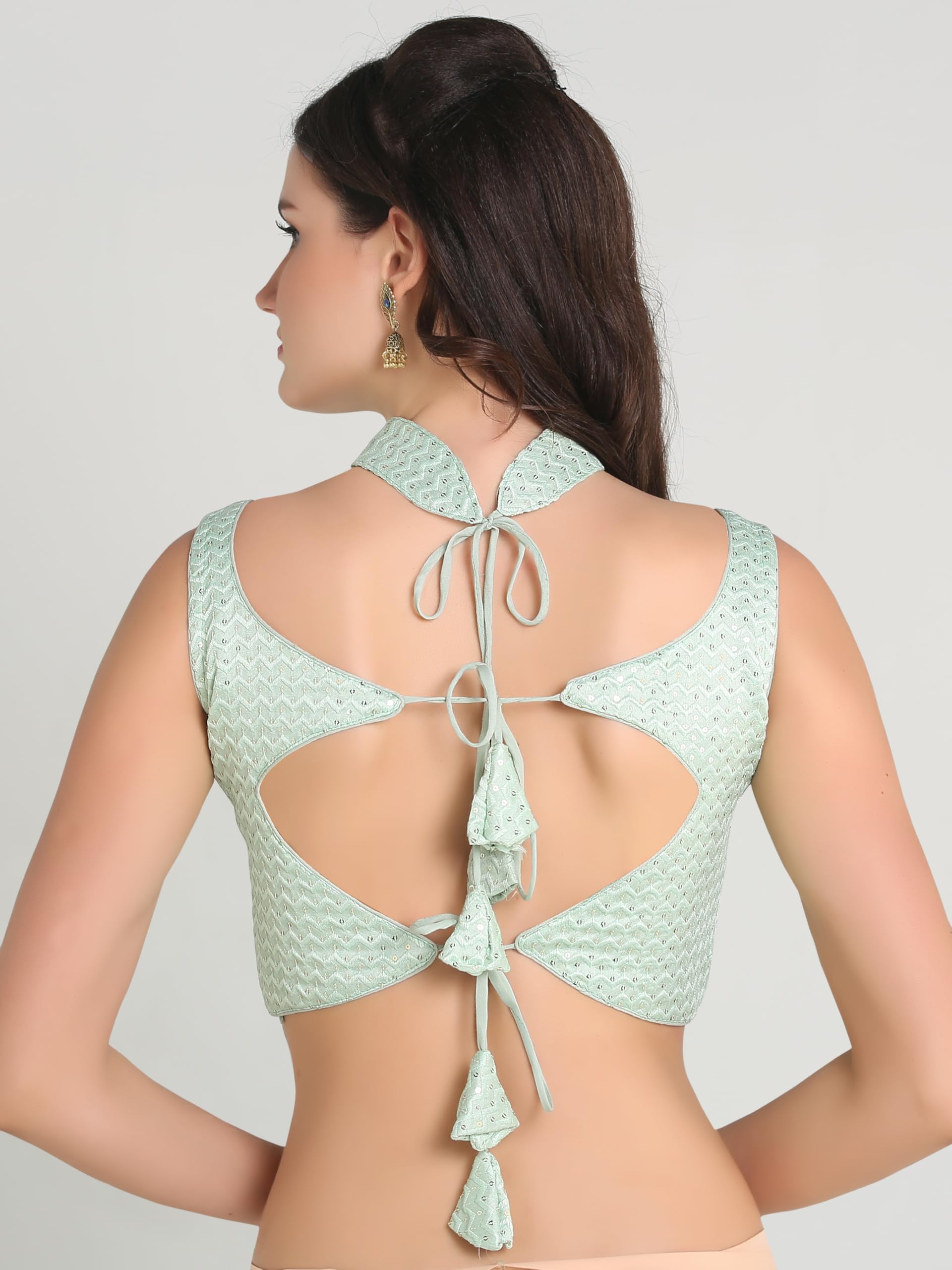 Pujia Mills Womans Readymade Sleeveless Pista Blouse Halter Neck with String Pattern Backless Ethnic wear Pattern Choli Blouse