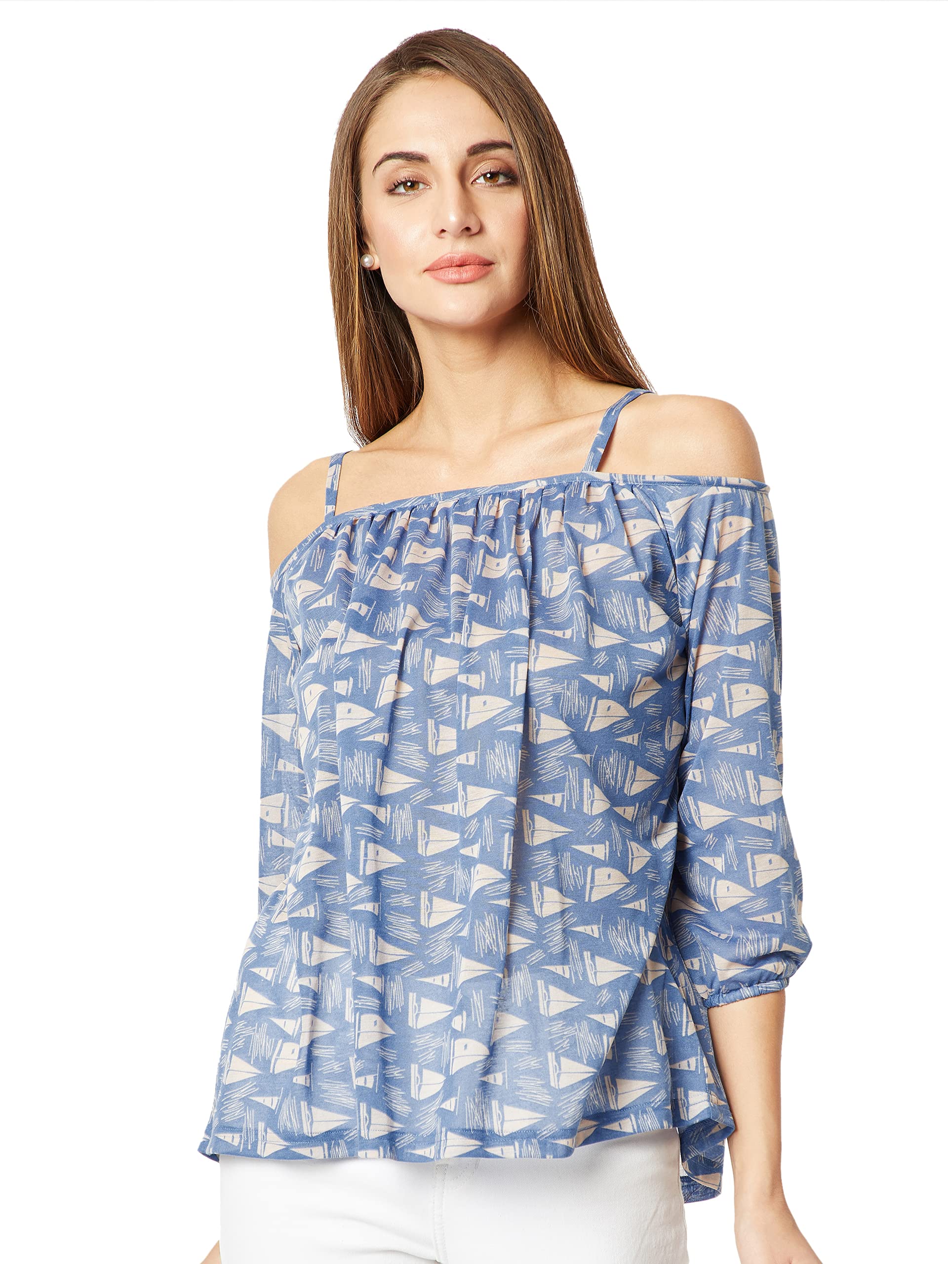 Miss Chase WomenS Multicolored Square Neck 3/4 Sleeve Printed Gathered Spaghetti Strap Cold Shoulder Top(Mcss18Tp11-27-163-06_M