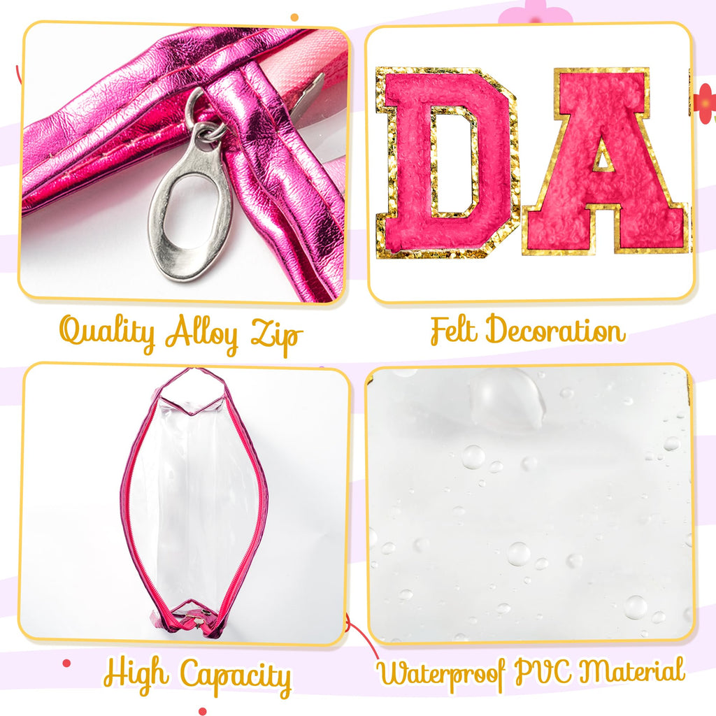 Y1tvei DANCE Clear Makeup Bag - Preppy Hot Pink Dance Chenille Patch Cosmetic Pouch Dancer Recital Survival Kit Extra Large PVC