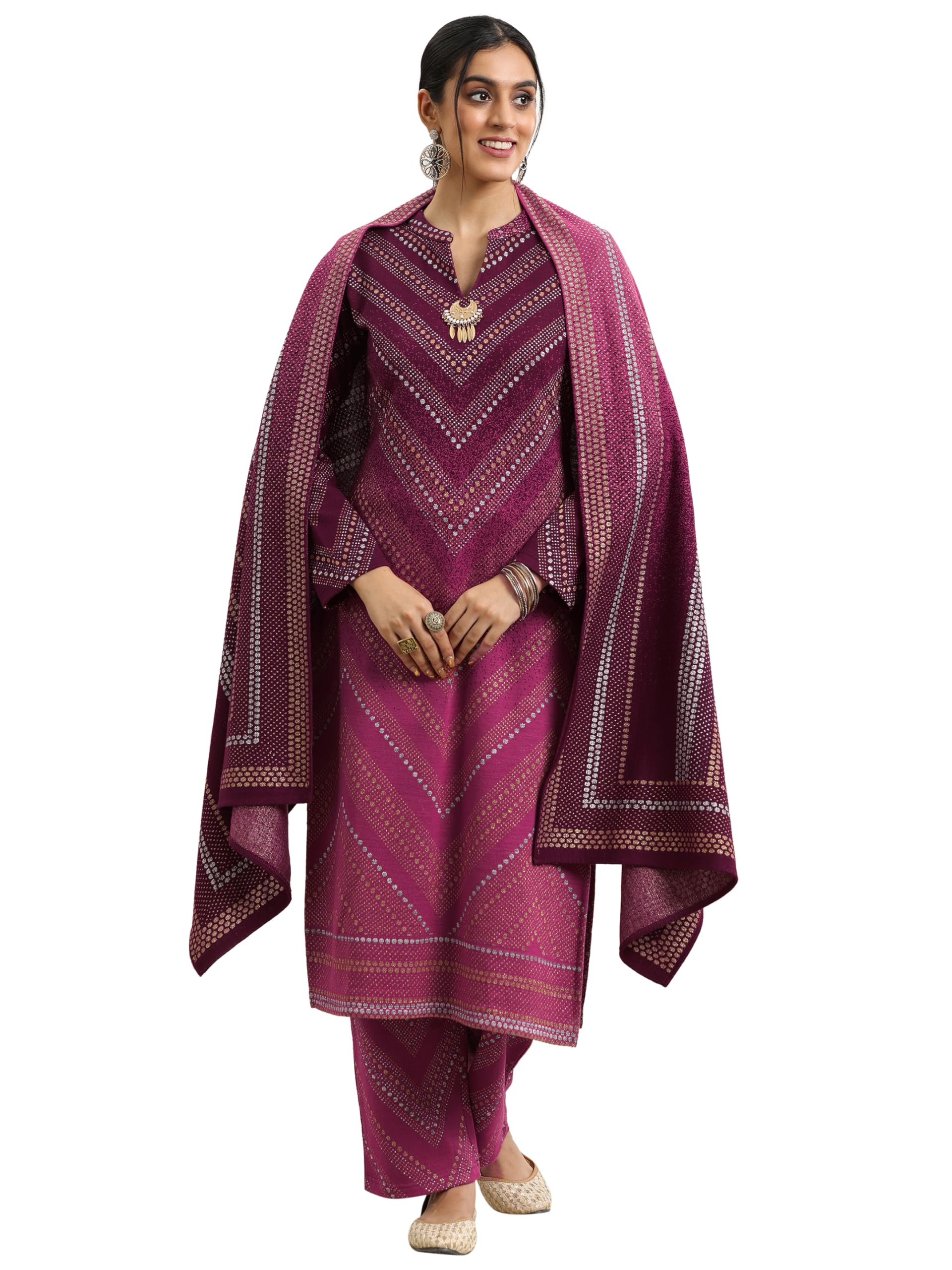 Libas Womens Woven Design Wool Straight Kurta With Palazzos And Dupatta