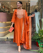 ANNI DESIGNER Womens Rayon Blend Floral Straight Kurta with Pant & Dupatta (PUNEETA Orange