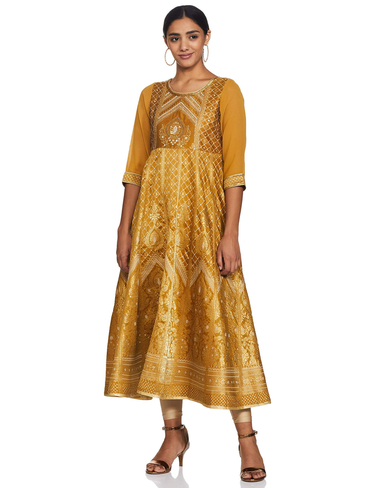 Aurelia WomenS Polyester Blend Golden Round Neck Printed Dress Below The Knee (20Aud10316-701114_Gold_Xl)