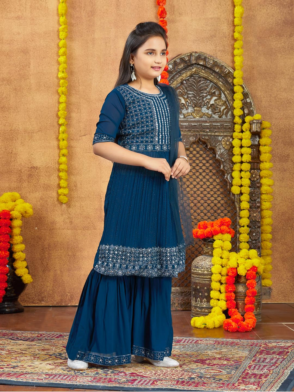 Aarika Girls Ethnic Wea Teal Blue Colour Mirror Embroidery Georgette Kurti Sharara Set (5-16 Years)