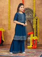 Aarika Girls Ethnic Wea Teal Blue Colour Mirror Embroidery Georgette Kurti Sharara Set (5-16 Years)