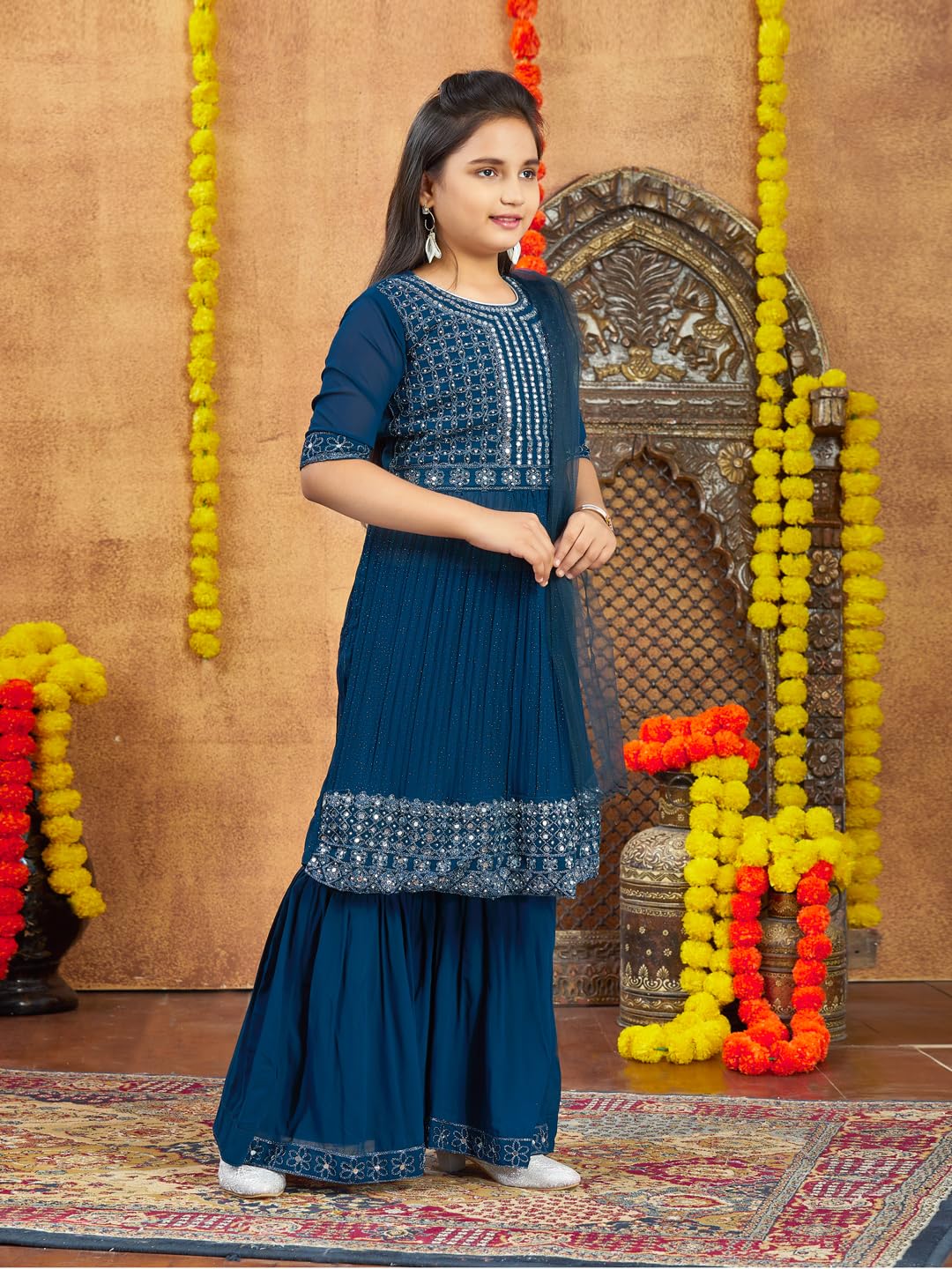 Aarika Girls Ethnic Wea Teal Blue Colour Mirror Embroidery Georgette Kurti Sharara Set (5-16 Years)