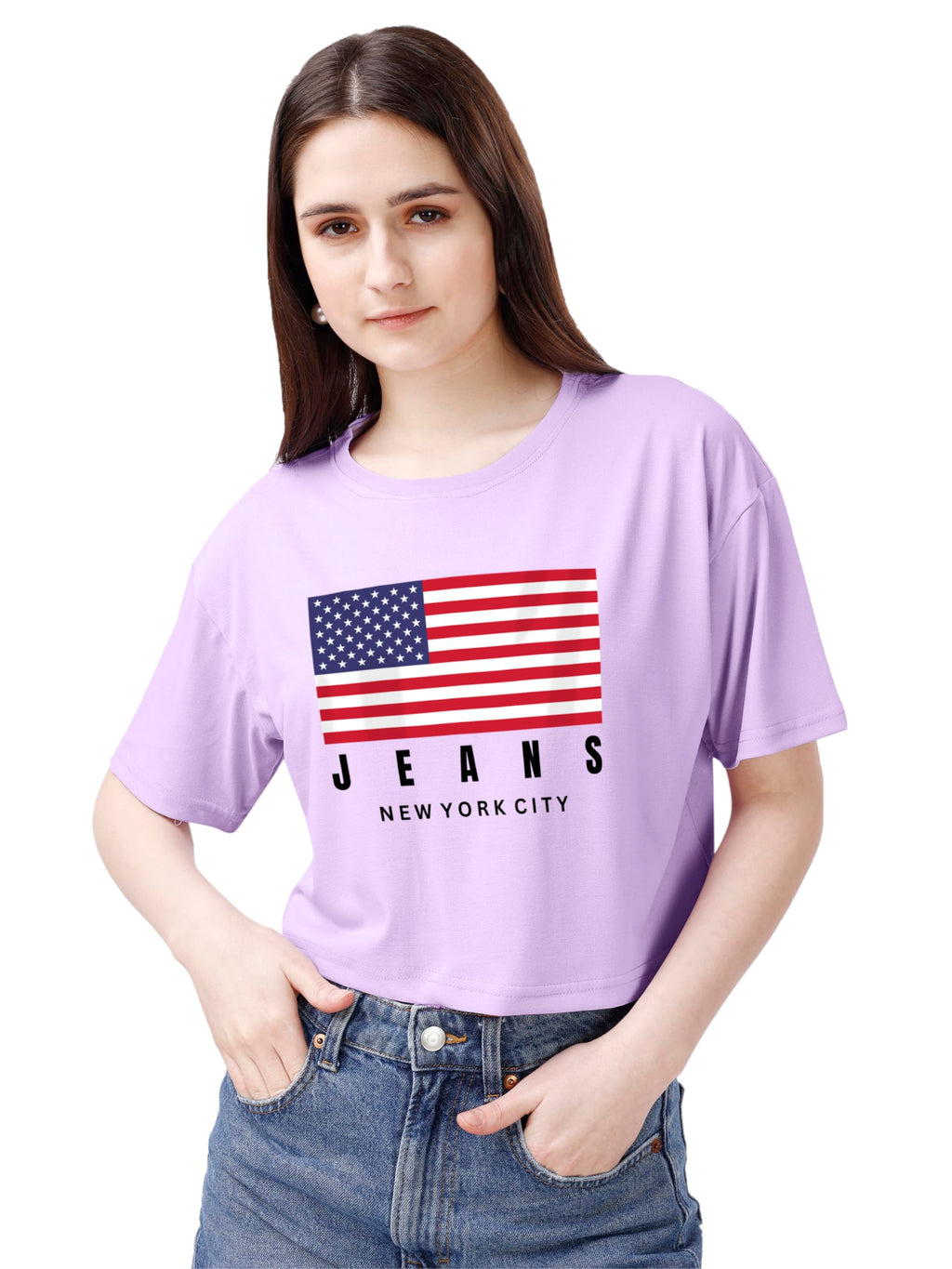 ELLITI Soft Rich Cotton Lavender/Purple Half Sleeve | Round Neck | Oversized/Loose Fit | Down Solder | US Flage Print Crop Top f