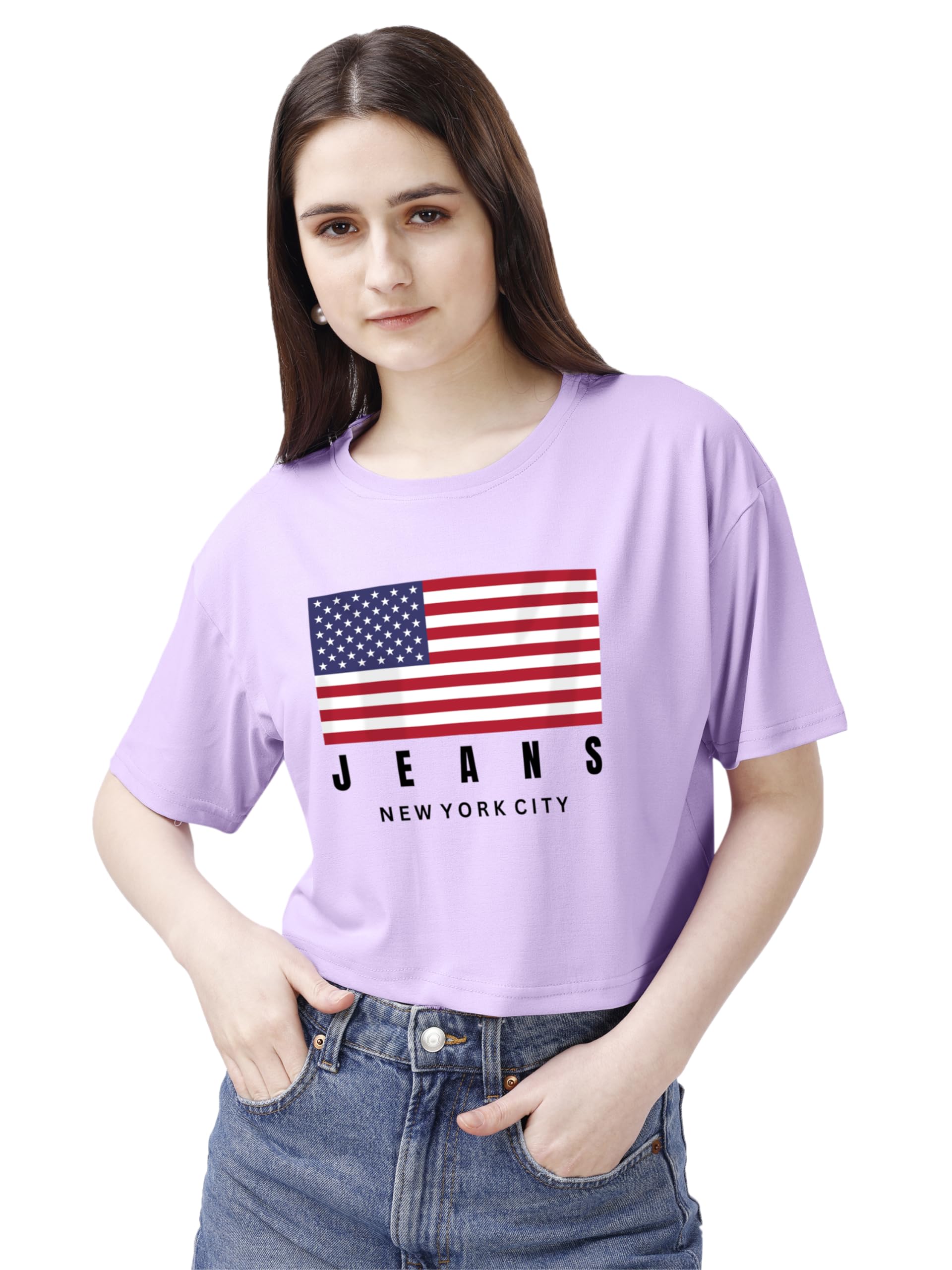 ELLITI Soft Rich Cotton Lavender/Purple Half Sleeve | Round Neck | Oversized/Loose Fit | Down Solder | US Flage Print Crop Top f