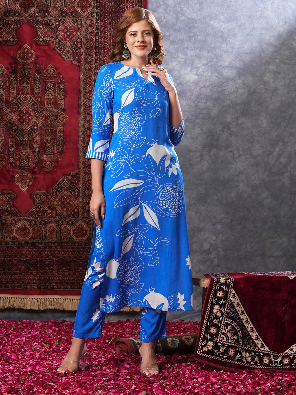 ANNI DESIGNER Women s Rayon Blend Kurta with Pants, Blue, Small