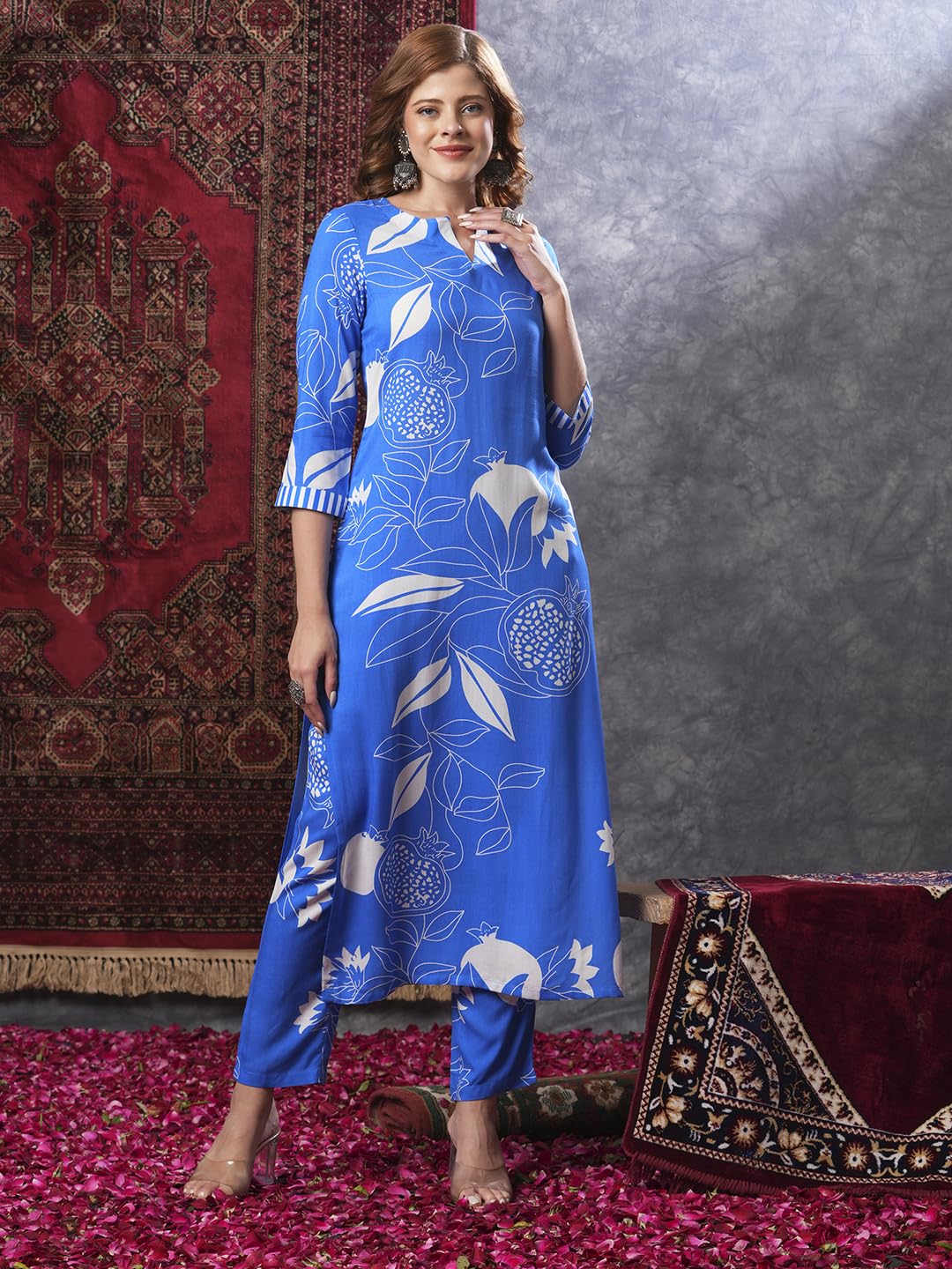 ANNI DESIGNER Women s Rayon Blend Kurta with Pants, Blue, Small