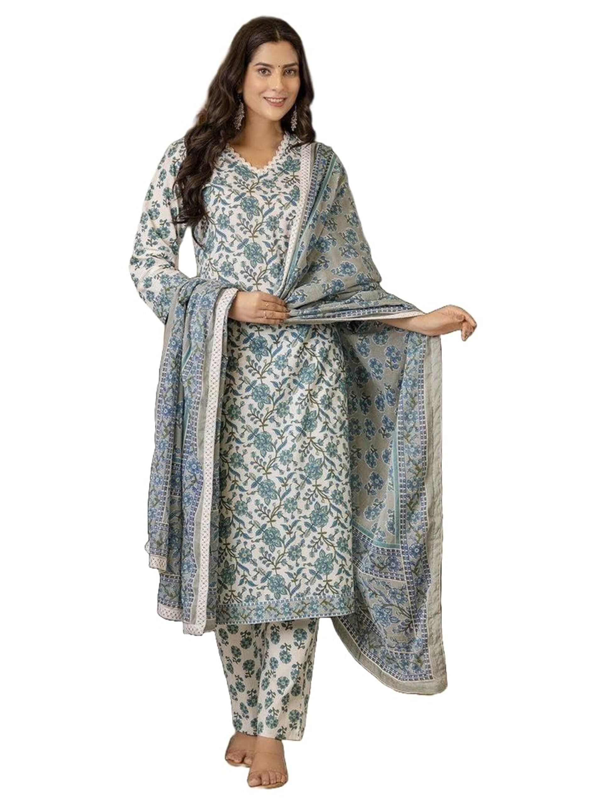 Modestouze Attires WomenS Rayon Blend Floral Printed Salwar Suit Set | V Neck 3/4 Sleeve Calf Length Kurta And Dupatta With Pri