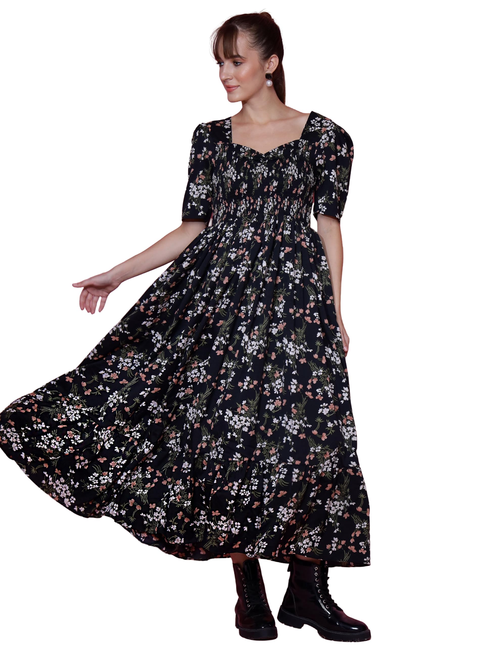 Sheetal Associates WomenS Casual Puff Sleeves Crepe Floral Print Fit And Flare Dress Black