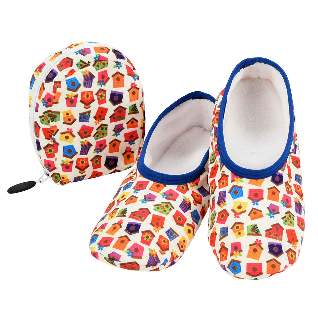Snoozies Skinnies Slipper Socks & Travel Pouch - Non Slip Socks, Foldable Slippers for Women with Travel Pouch - Birdhouse - Sma
