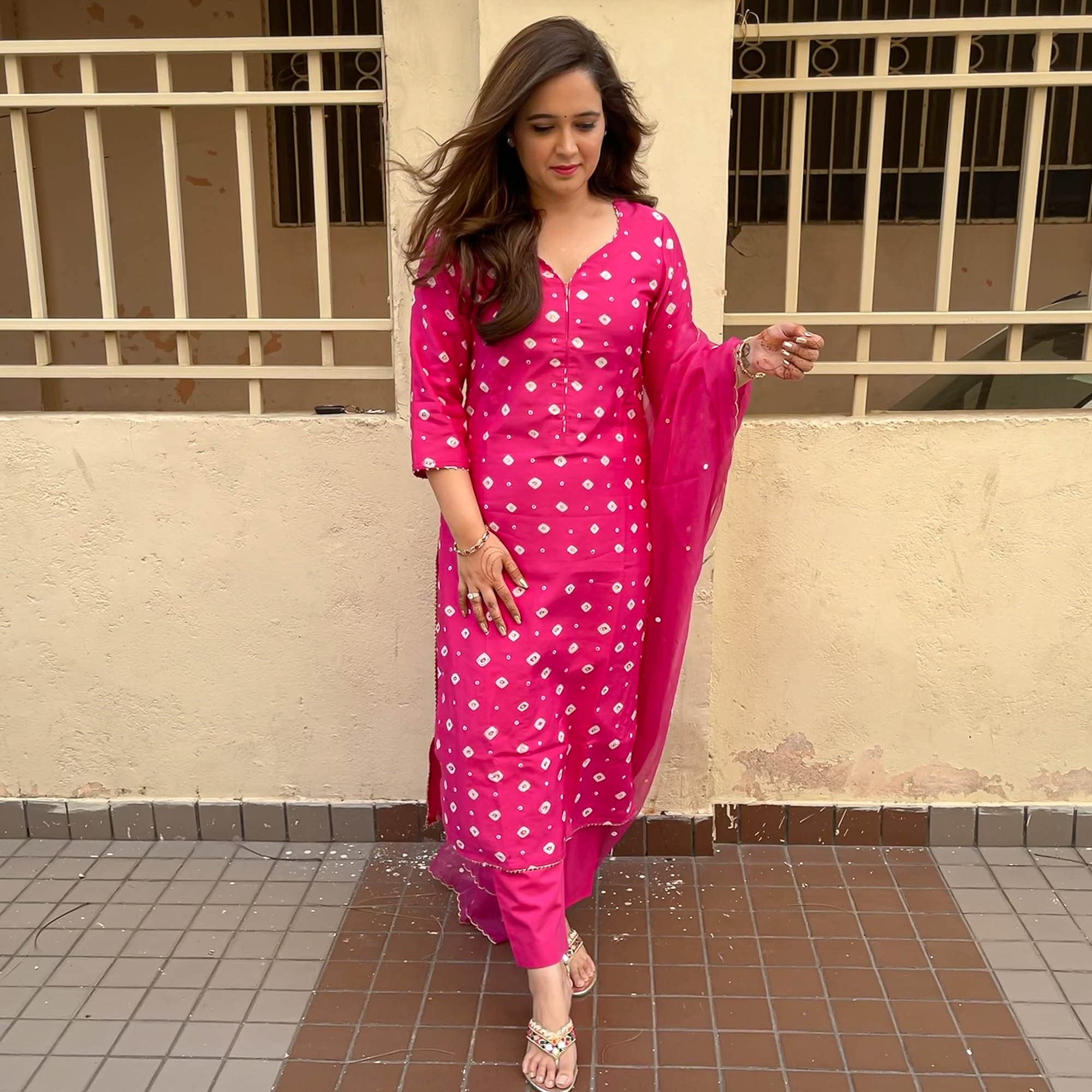 ANNI DESIGNER Womens Cotton Straight Kurta with Pant & Dupatta (KPTD-COT-10003-PINK_XXL_Pink_XX-Large)