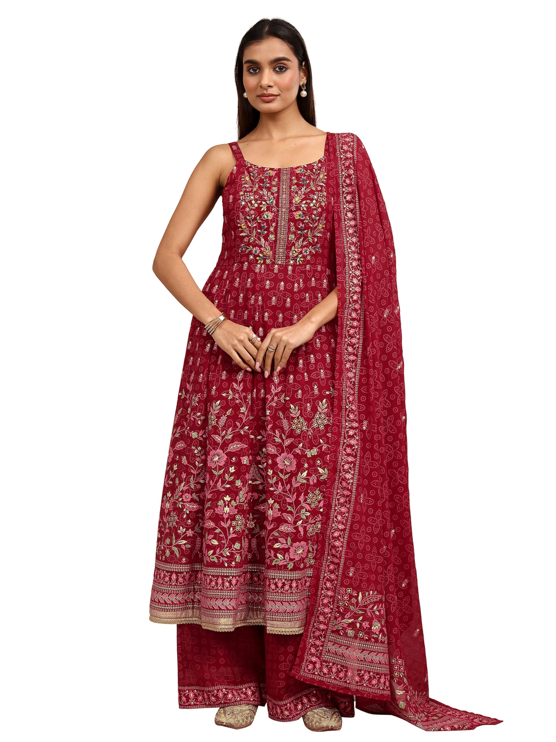 Libas Printed Georgette Anarkali Kurta With Palazzos With Dupatta (51857XXL)
