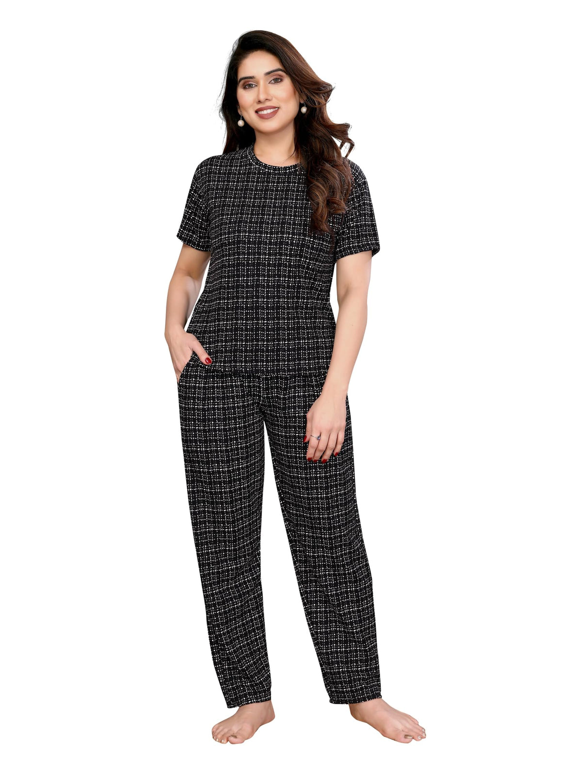 VJ Fashion Womens Cotton Lycra Printed & Knitted Round Neck Night Wear Set of Top and Payjama Black 2