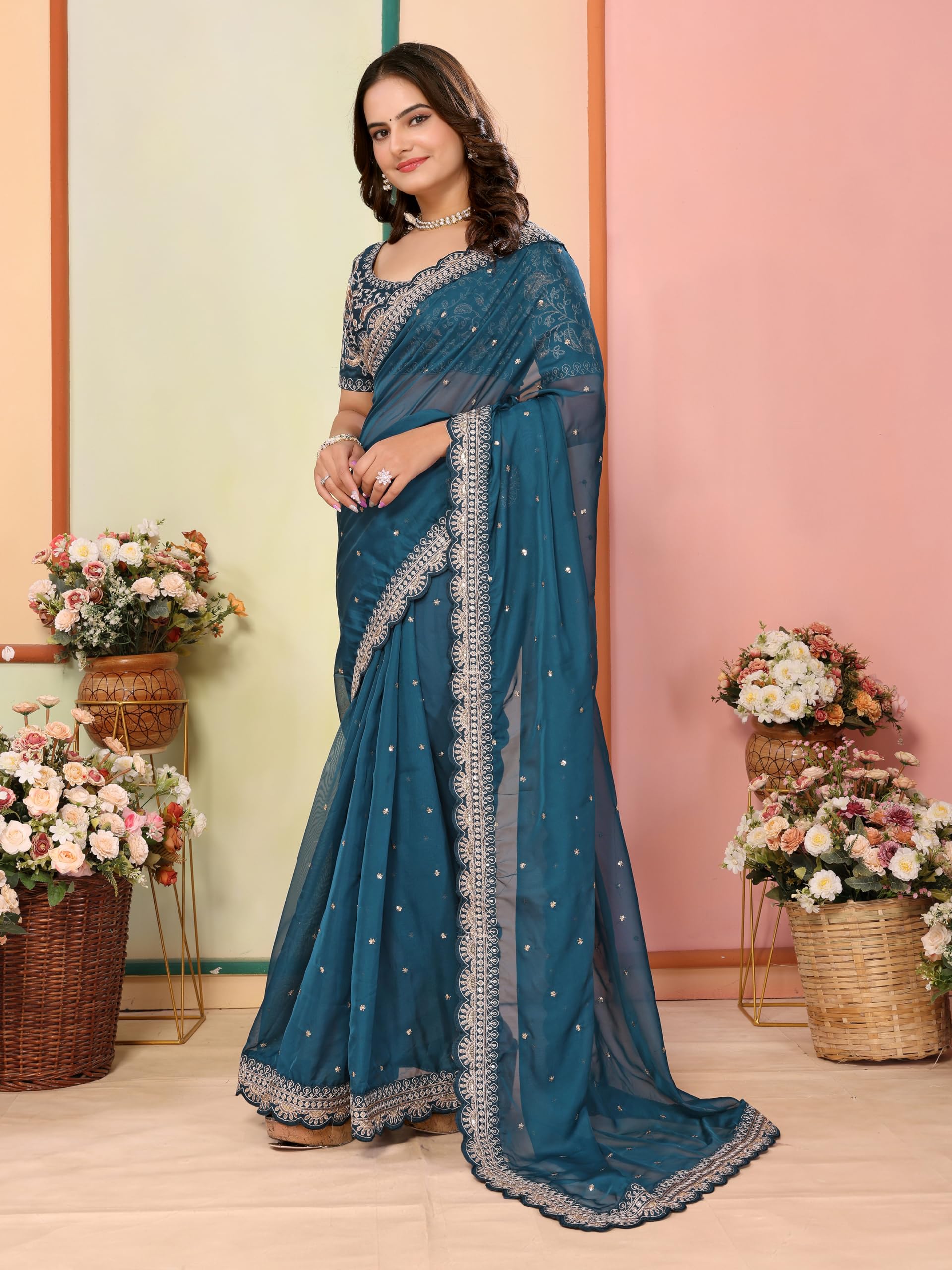 Vairagee Women Soft Organza Embroidery Saree With Unstiched Blouse