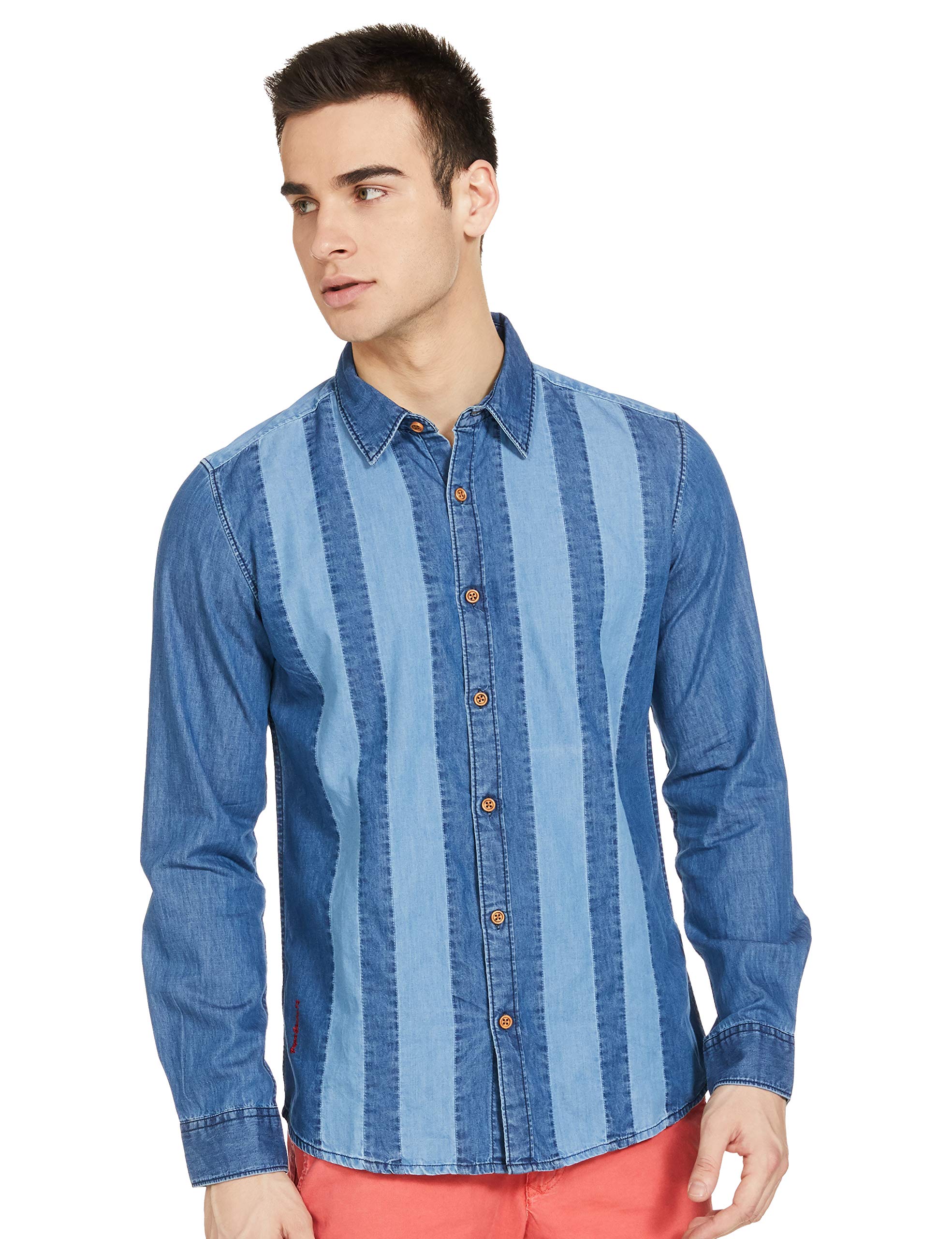 Pepe Mens Slim Collar Stripe Casual Shirt (Blue_Medium)