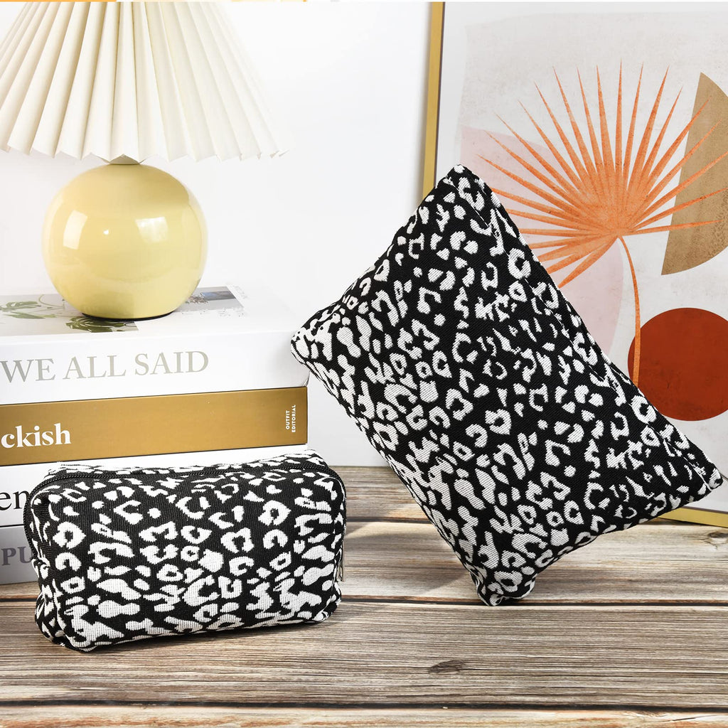 SOIDRAM 2 Pieces Leopard Print Makeup Bag Large Cosmetic Bag Capacity Canvas Mix Travel Toiletry Bag Organizer Cute Makeup Brush