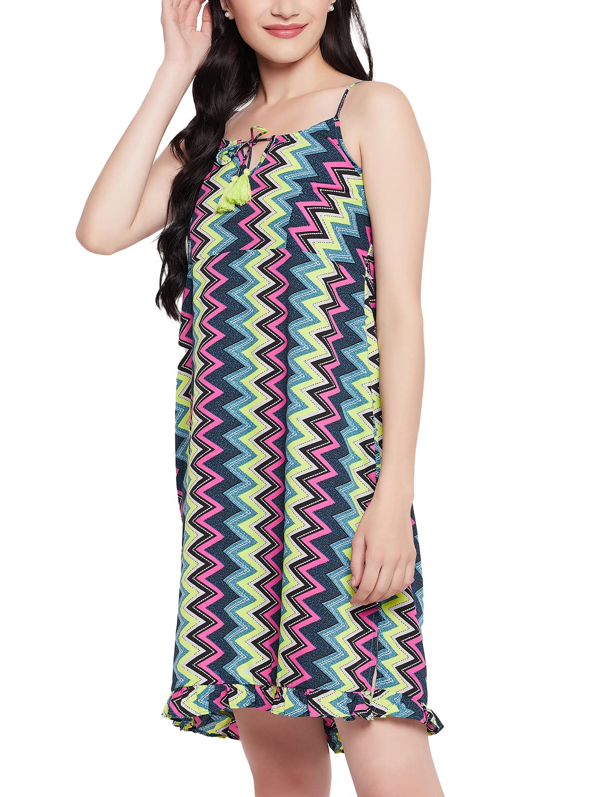 Clovia Women'S Crepe Chevron Print Resort Wear Slip Dress With Ruffles (Rw0055P19_Multi)
