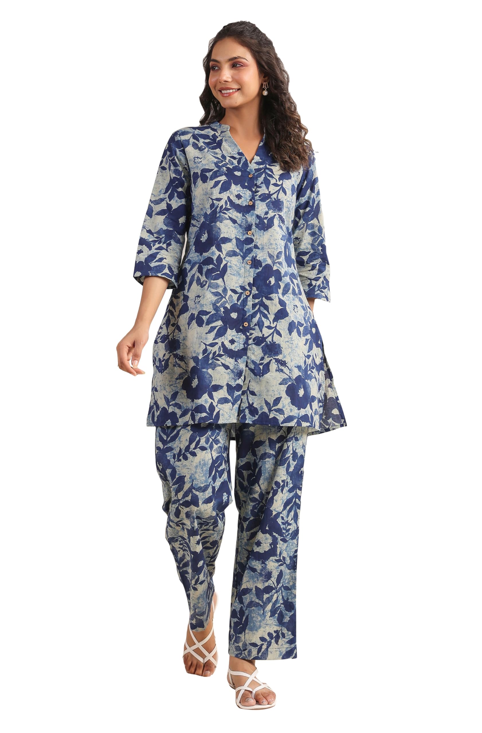 Janasya Indian Womens Cotton Indigo Floral Print Casual Wear Co-ord Set for Women-New Condition